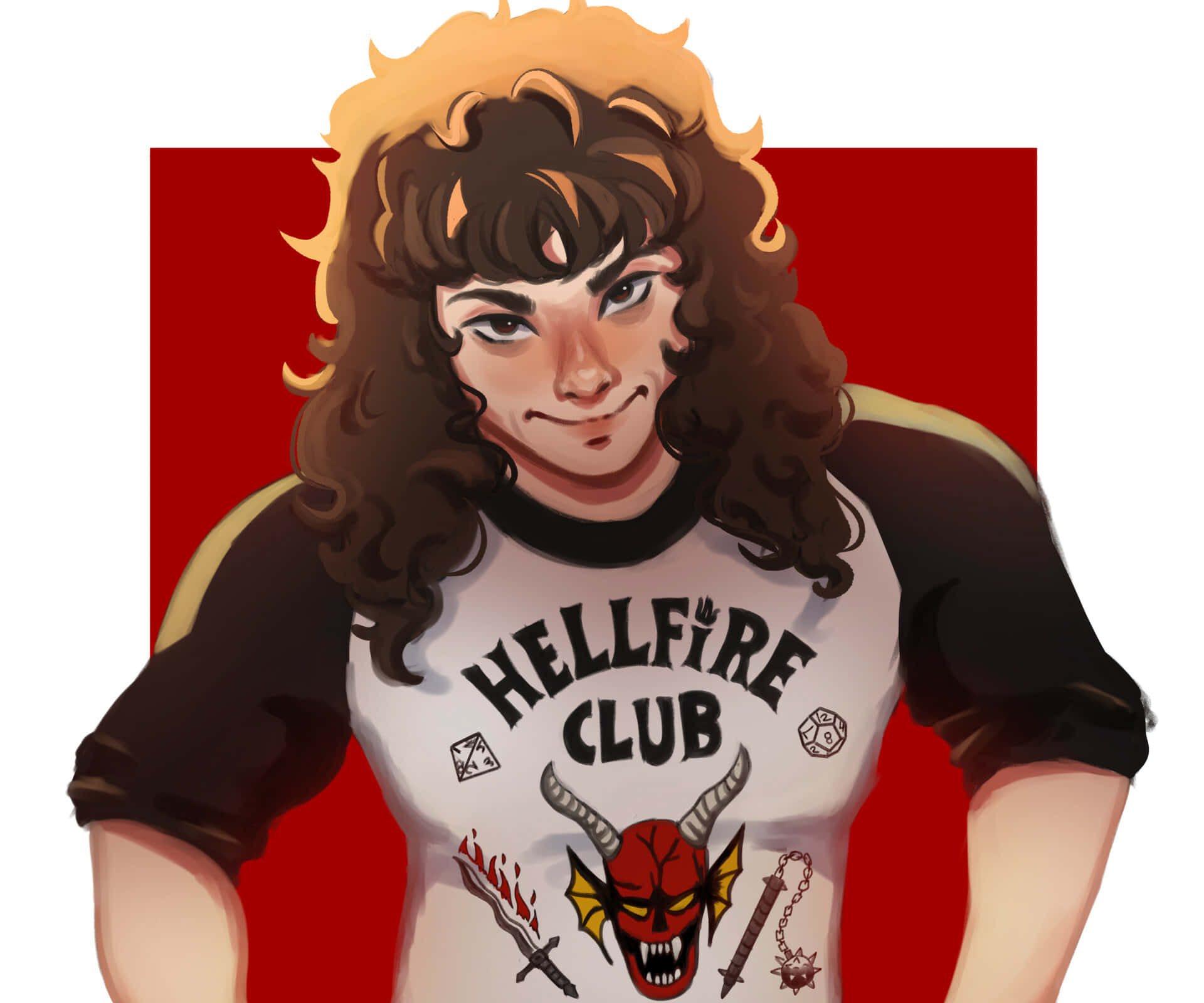 動漫角色穿著 Hellfire Club 襯衫，帶有惡魔圖案和紅色背景。