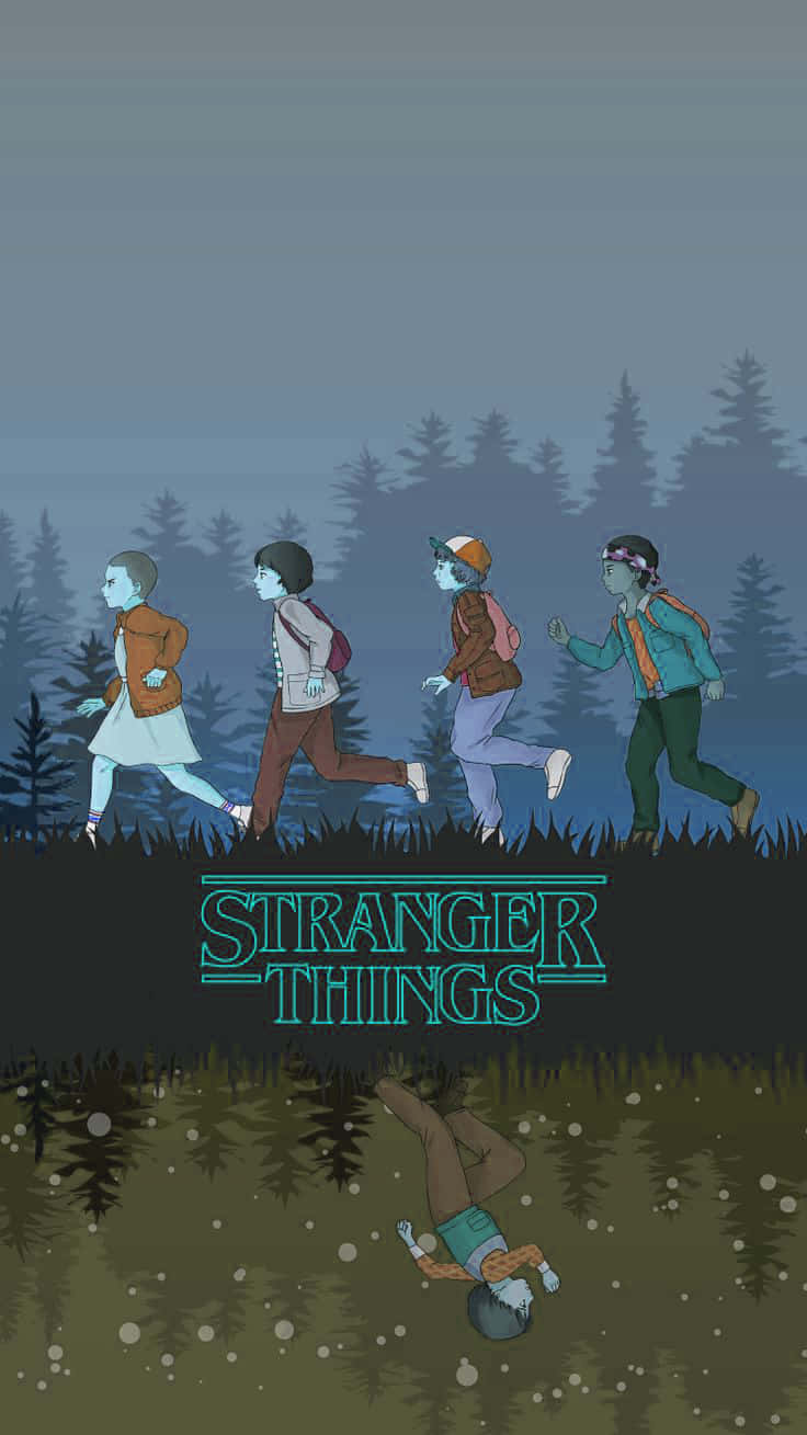 四個小孩喺森林入面奔跑，另一個小孩倒吊住，有Stranger Things標誌。