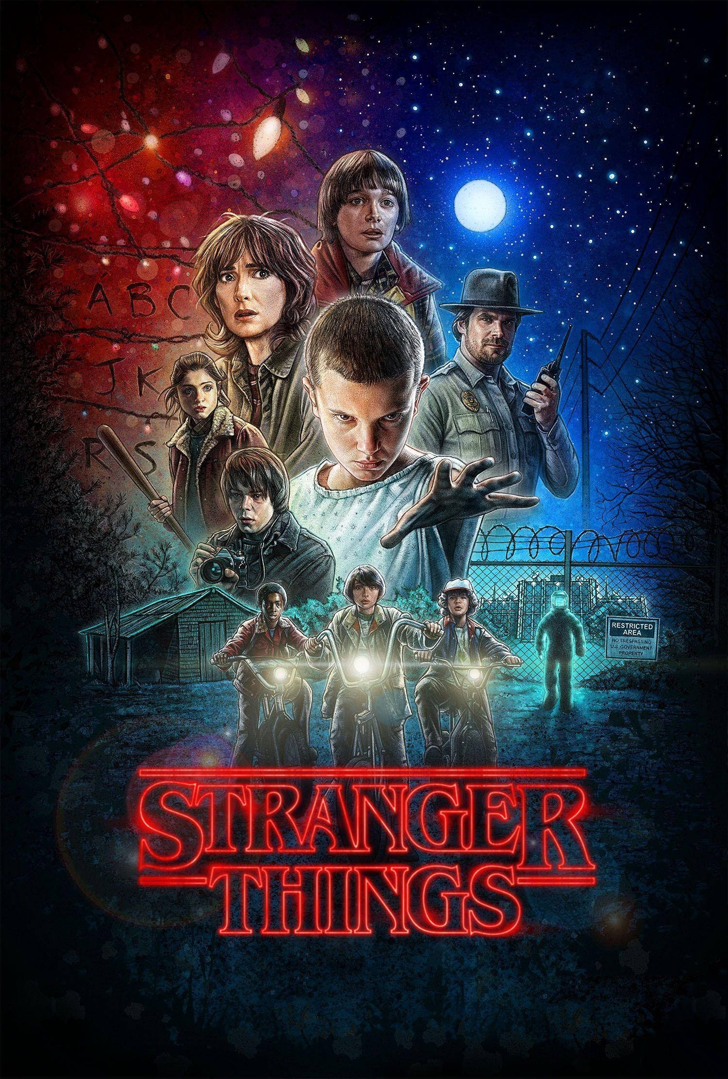Netflix 桌布 壁紙 — 《怪奇物語》的戲劇性海報展示了孩子們在星空夜空下騎著單車，伴隨著發光的月亮和詭異的紅光。