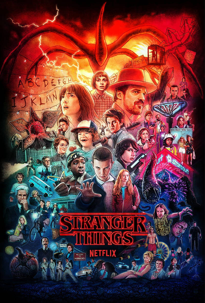 Netflix 桌布 壁紙 — 《怪奇物語》的鮮明海報，以火紅和深藍色背景為襯托，展示角色、怪物和標誌性場景。