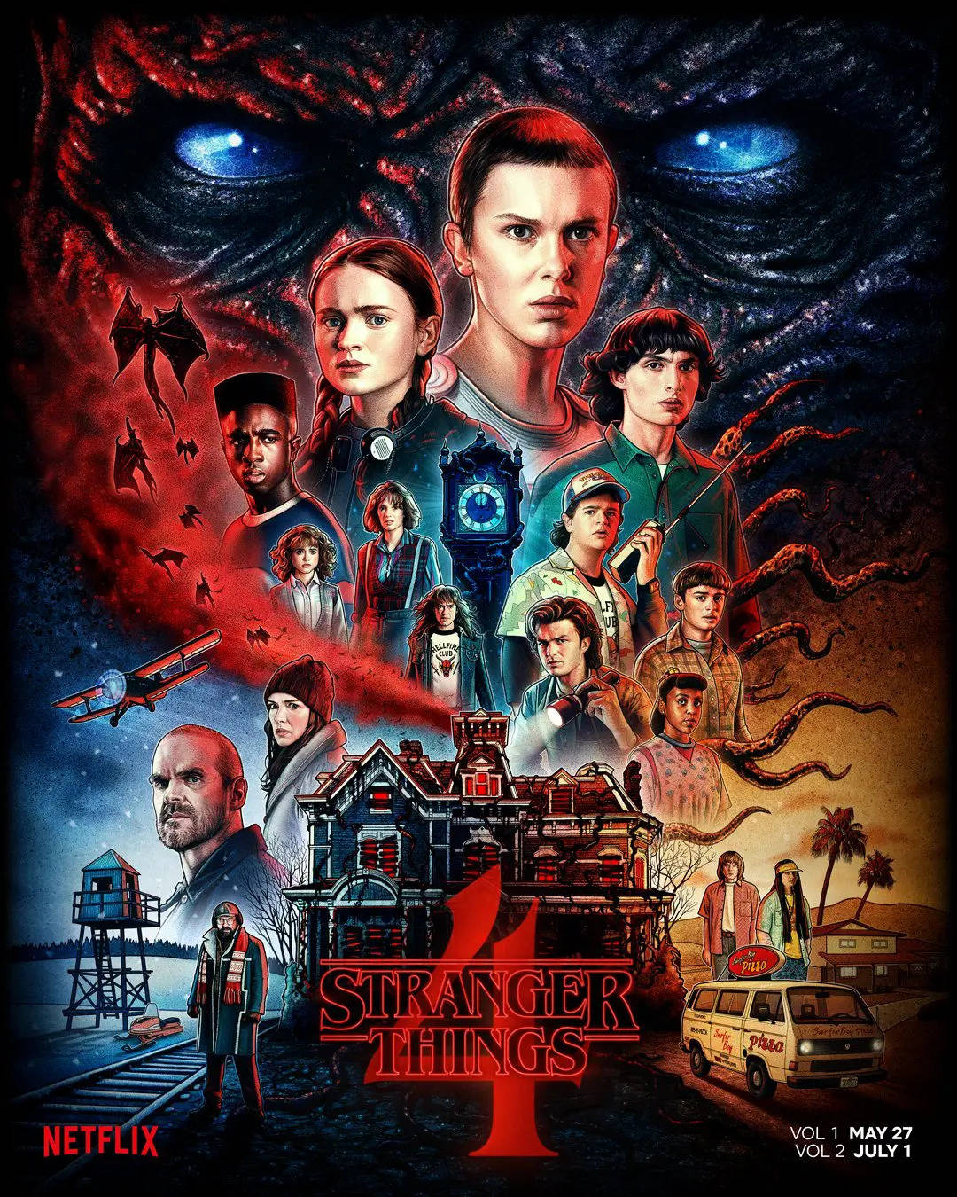 《怪奇物語》第四季 卡通海報 壁紙 — Stranger Things 第4季的戲劇性海報，主角被超自然元素和迫近的怪物面孔包圍。