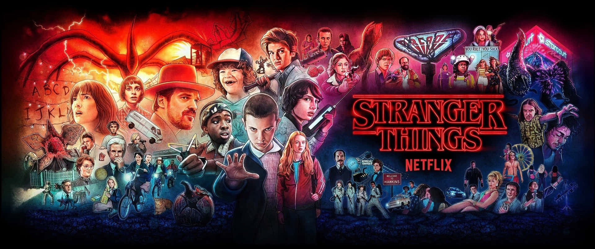 Netflix《怪奇物語》海報，展示主要角色和超自然場景。