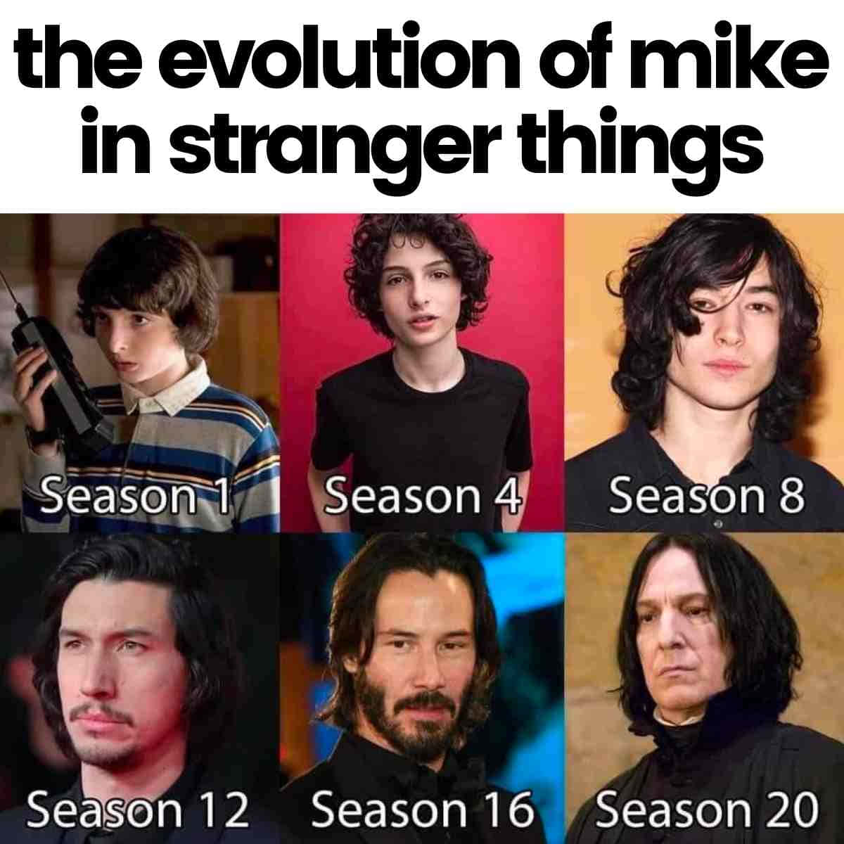 迷因顯示演員Finn Wolfhard飾演《怪奇物語》中的Mike，從第1季到第8季老化，然後在第12、16、20季被演員取代。