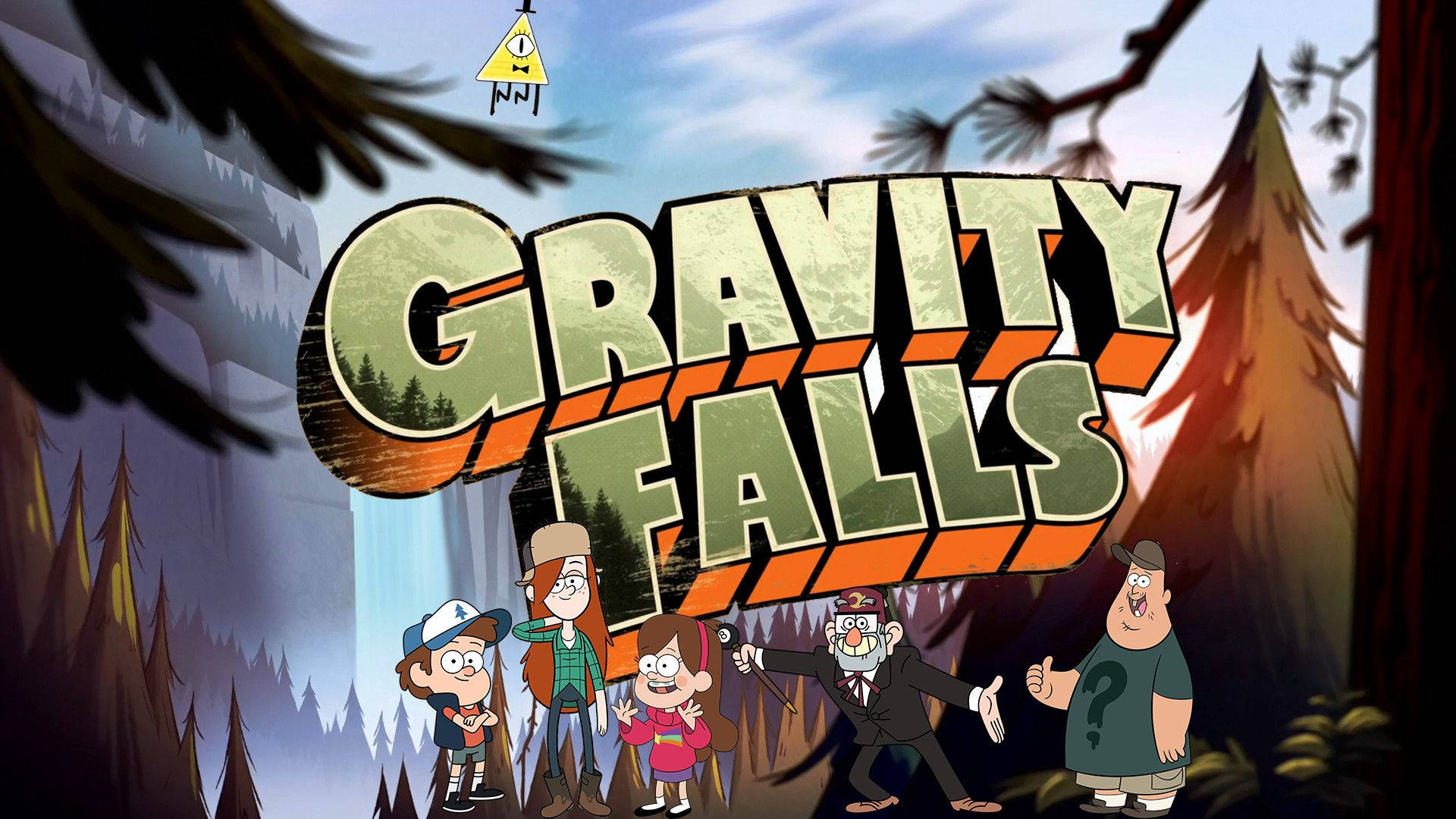 Gravity Falls 動畫節目標題，主要角色在森林場景中。