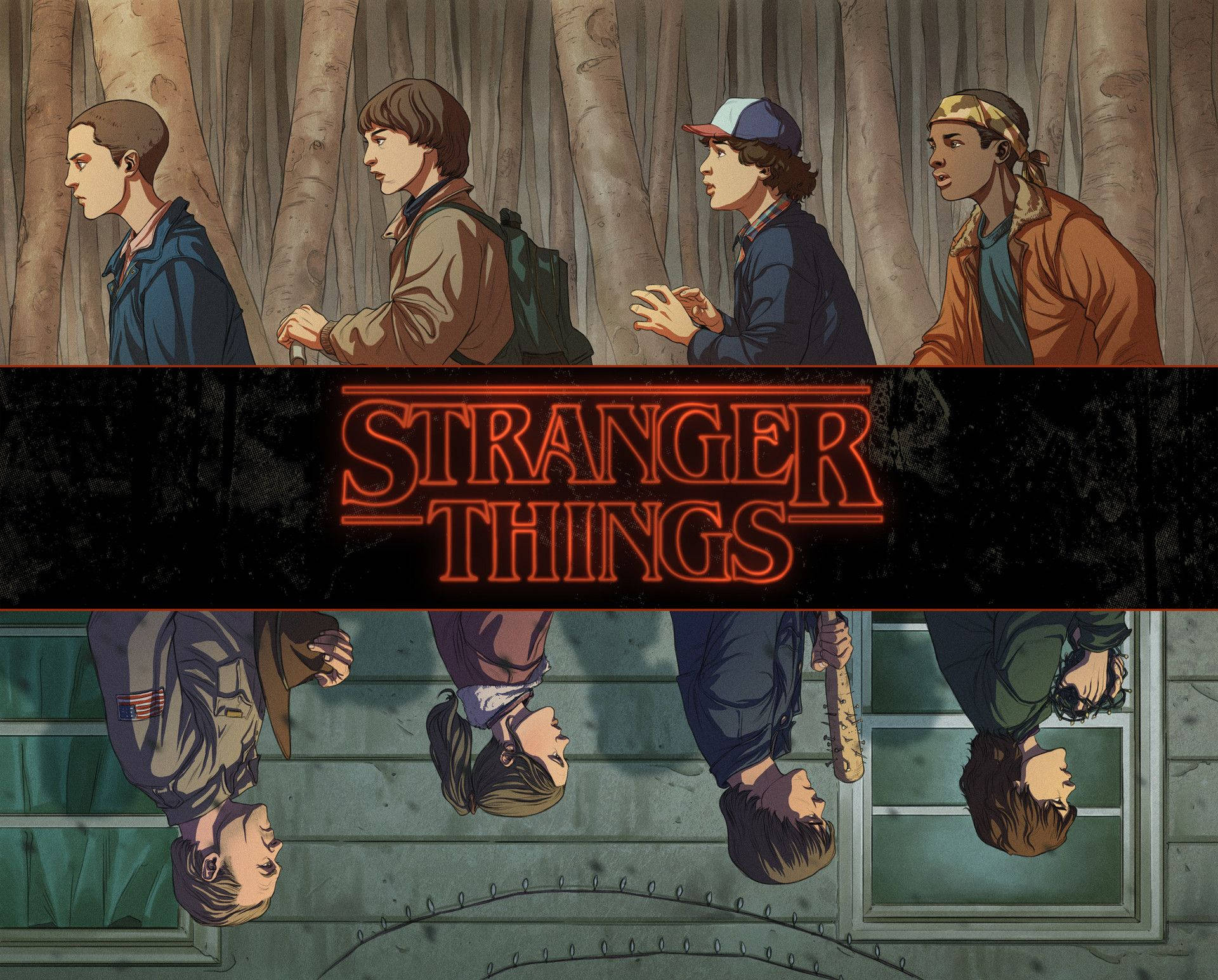 《怪奇物語3》卡通風格數位藝術 壁紙 — 四個男孩穿過森林，Stranger Things 標誌在他們之間和下方的倒影中發光。