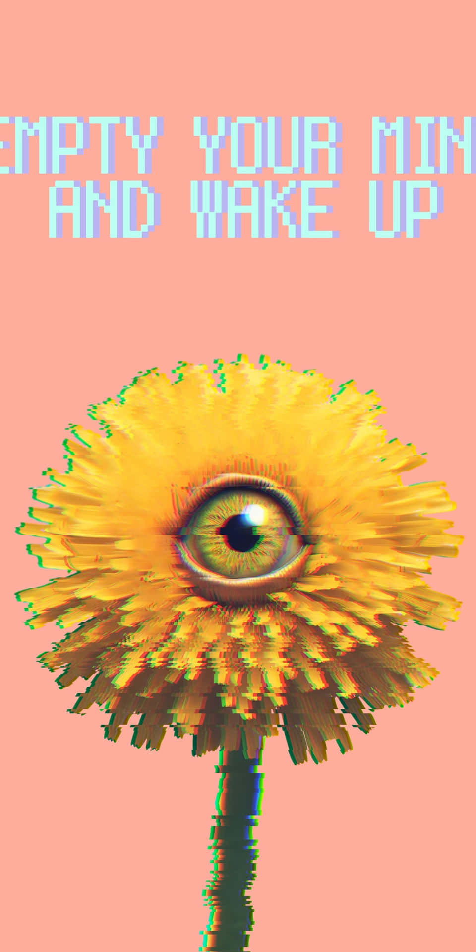 怪核蒲公英眼咒語 壁紙 — 一朵帶有故障效果的像素化向日葵，中心有一隻人眼，背景為柔和粉紅色，上方有文字。