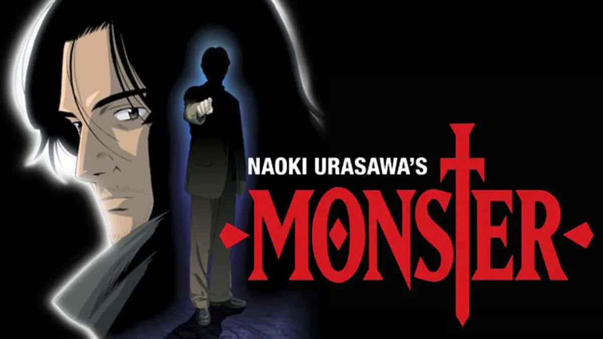 《怪物》動畫角色天馬健二郎圖 壁紙 — Monster 的戲劇性動畫海報，展示一個男人的臉和一個剪影人物指向黑暗背景，並帶有粗體紅色標題文字。