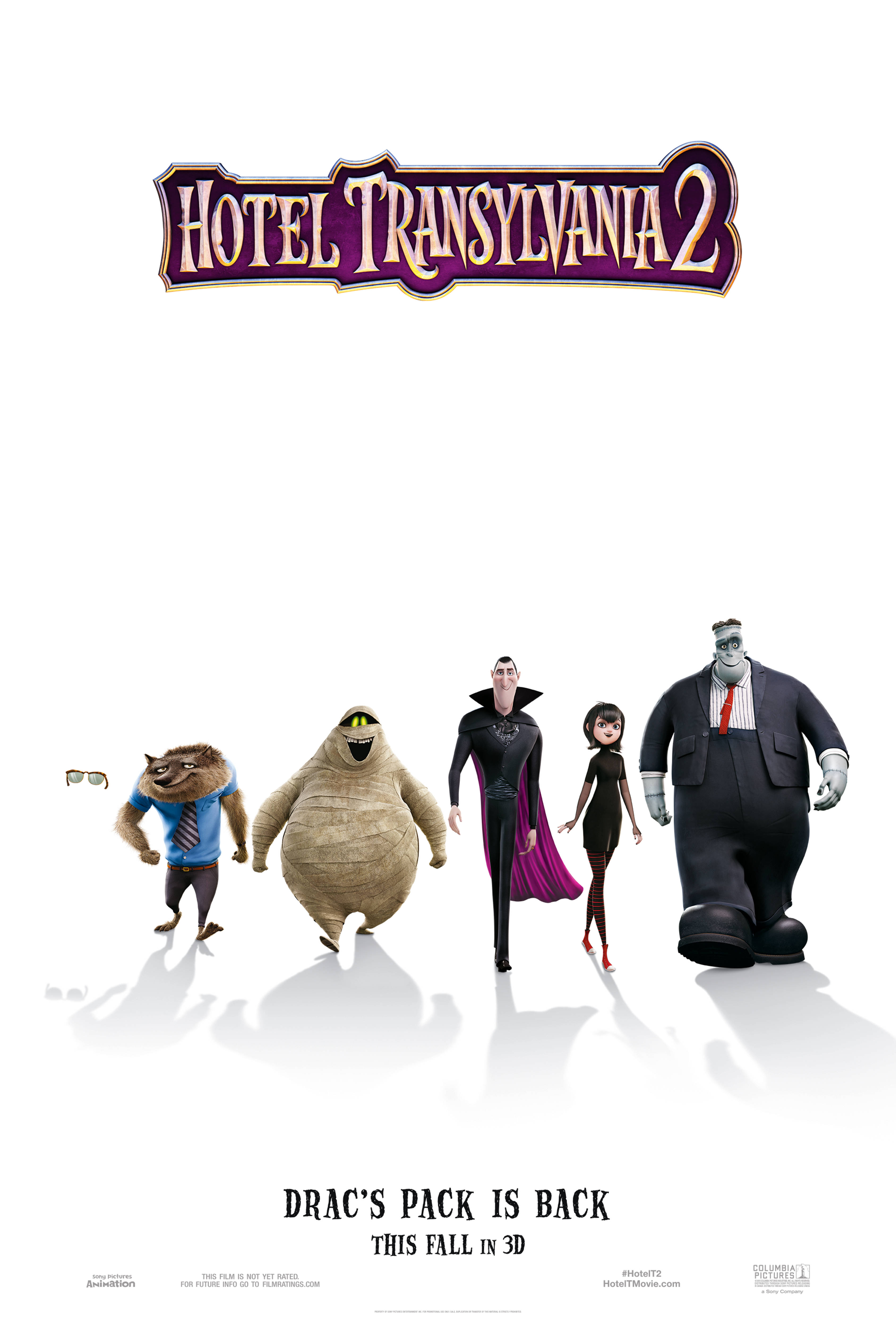 《怪物史瑞克2》簡約電影海報 壁紙 — 五個動畫怪物角色在 Hotel Transylvania 2 標誌下，自信地排成一排，背景為純白色。