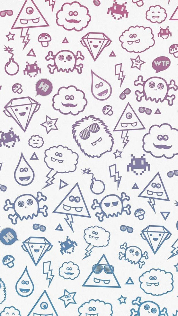 淺色背景上，紫色和藍色的俏皮卡通怪物、外星人和形狀。