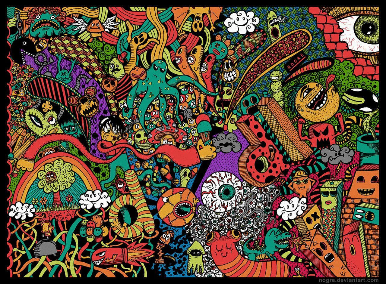 怪物塗鴉藝術圖 壁紙 — 一幅混亂、色彩繽紛的插圖，充滿卡通怪物、眼睛和超現實生物，構成密集而異想天開的畫面。