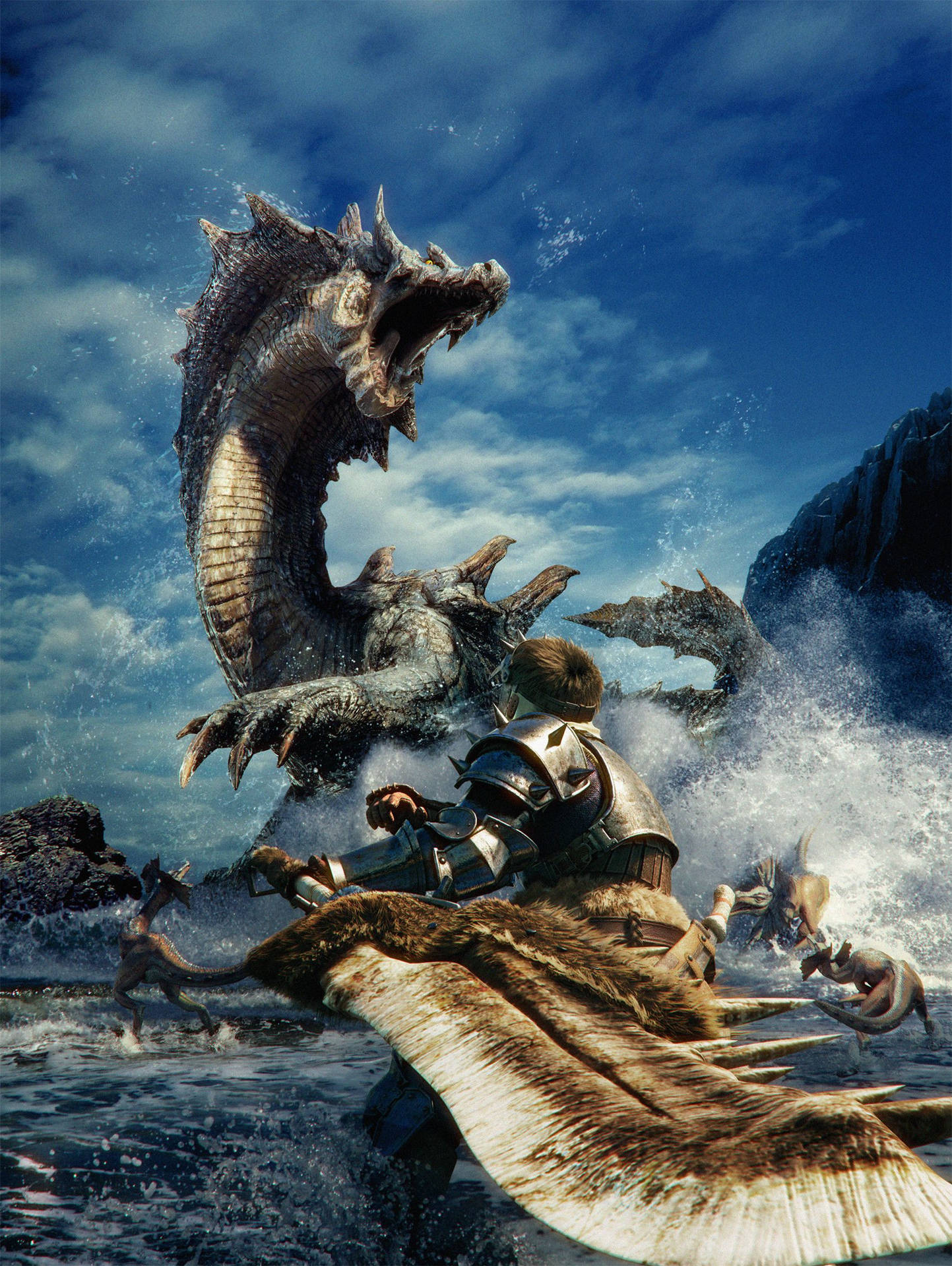 騎士騎著野獸在海浪中與龍戰鬥