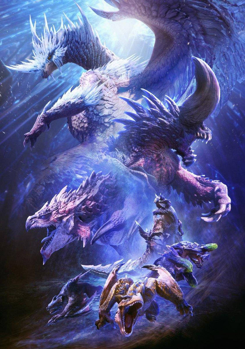 一群兇猛的奇幻怪物，包括一條在水中游泳的巨大冰龍。