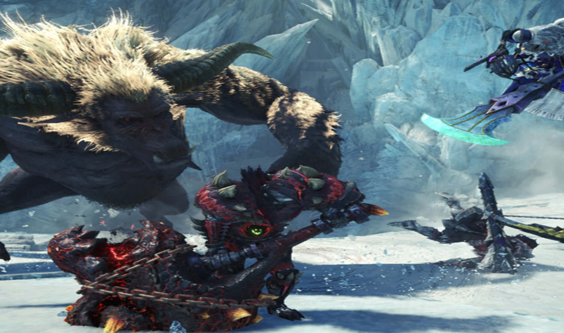 《怪物獵人：世界》Furious Rajang 背景圖 壁紙 — 一隻長角的怪獸衝過冰封地形，而身穿盔甲的獵人在雪地戰鬥中揮舞著發光的刀刃。