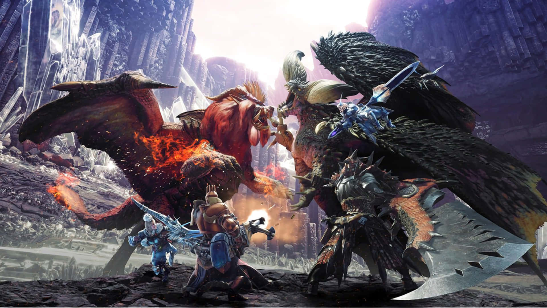 《怪物獵人：世界》中，一名獵人手持巨劍於繁茂景觀中 壁紙 — 怪物與獵人在發光的天空下，於高聳的水晶廢墟中展開激烈的戰鬥。