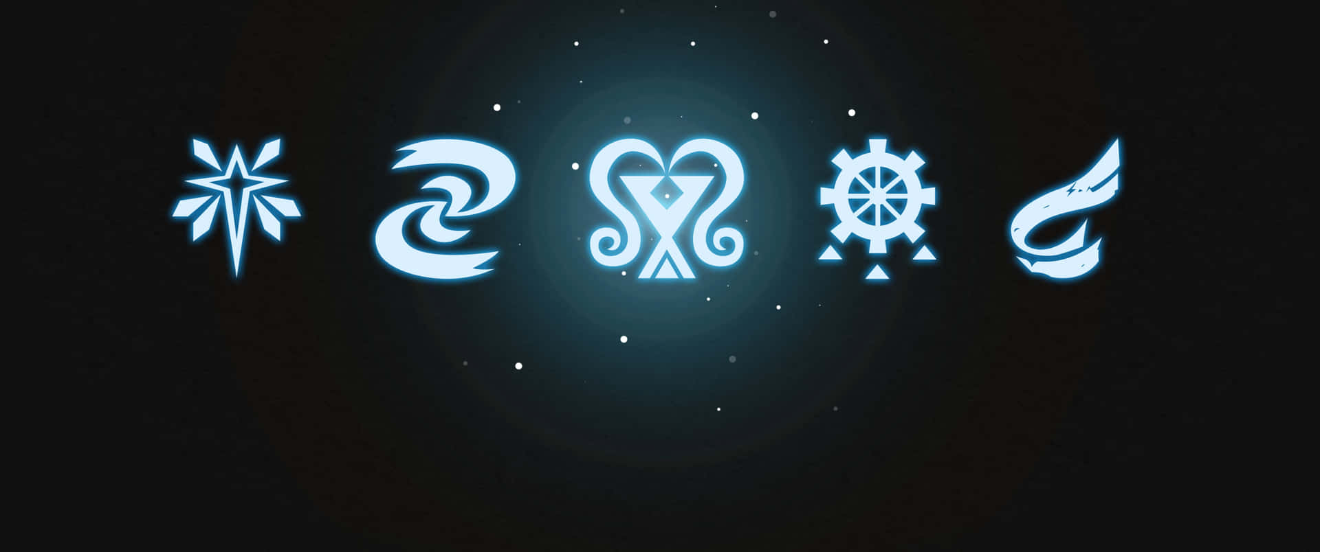 五個發光的藍色神秘符號在黑暗星空背景上漂浮於太空中。