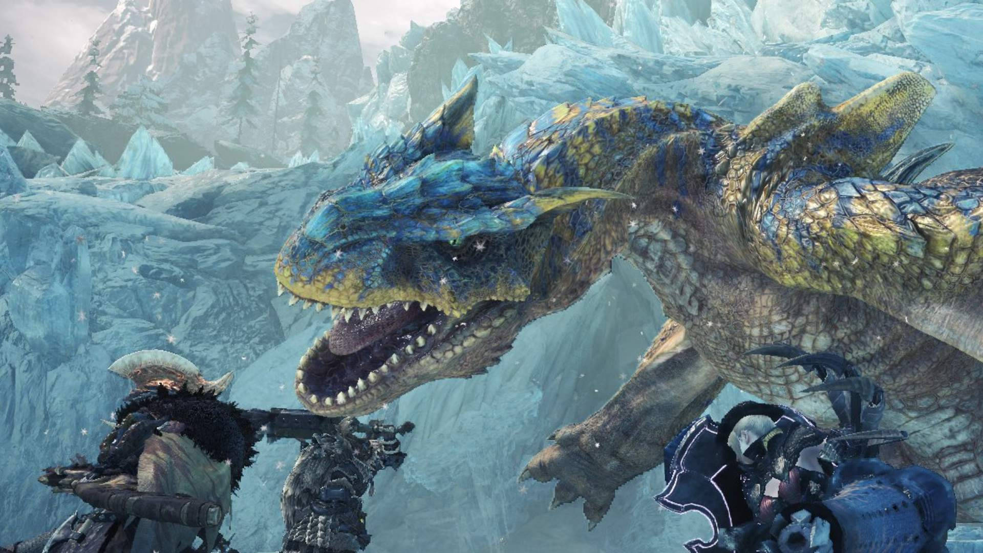兩名裝甲獵人在雪地山區環境中對抗一條巨龍。