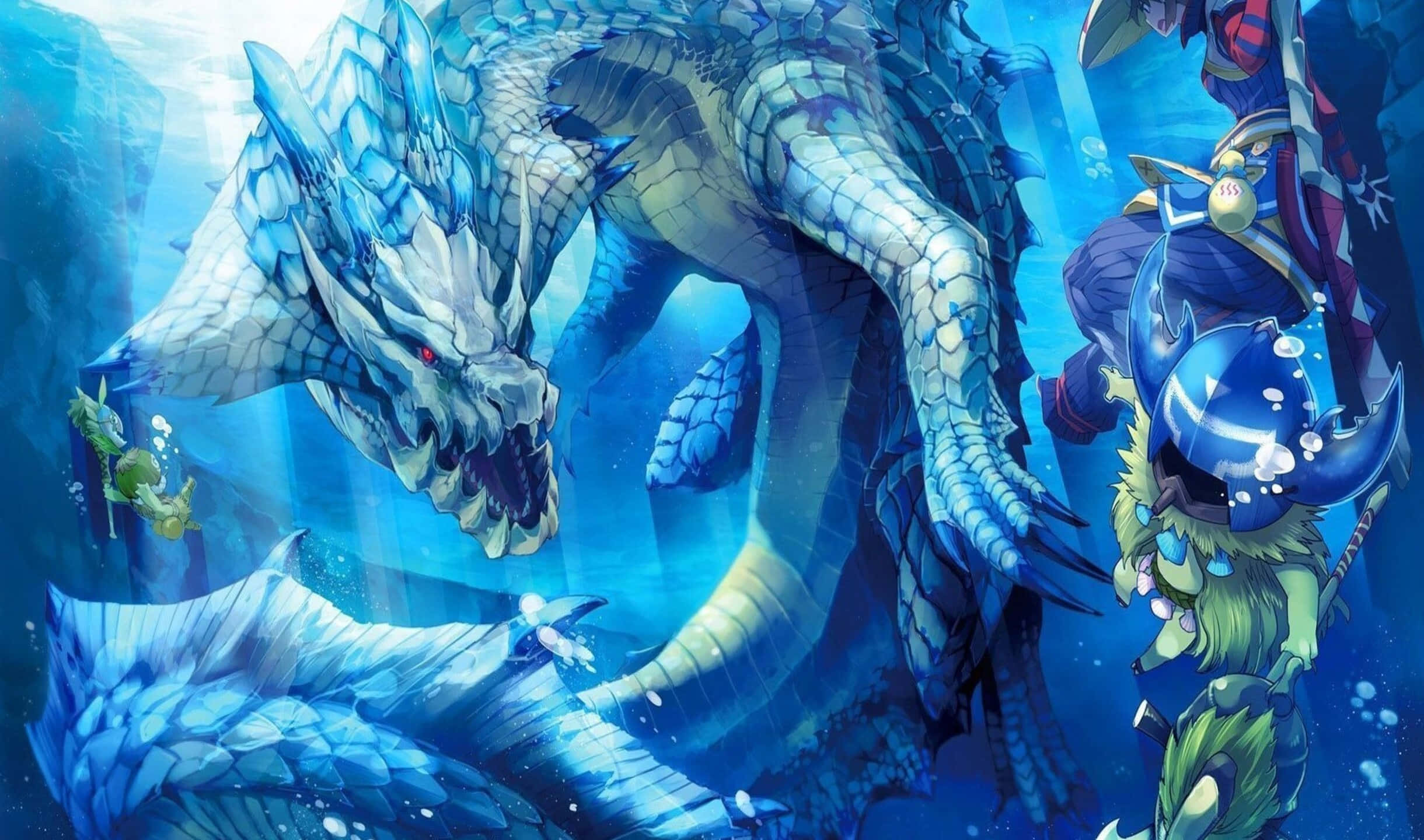 《怪物獵人：世界》獵人探索荒野 壁紙 — 一條巨大藍鱗龍，雙眼發出紅光，從深海浮現，而一名身穿藍色盔甲的戰士正準備戰鬥。