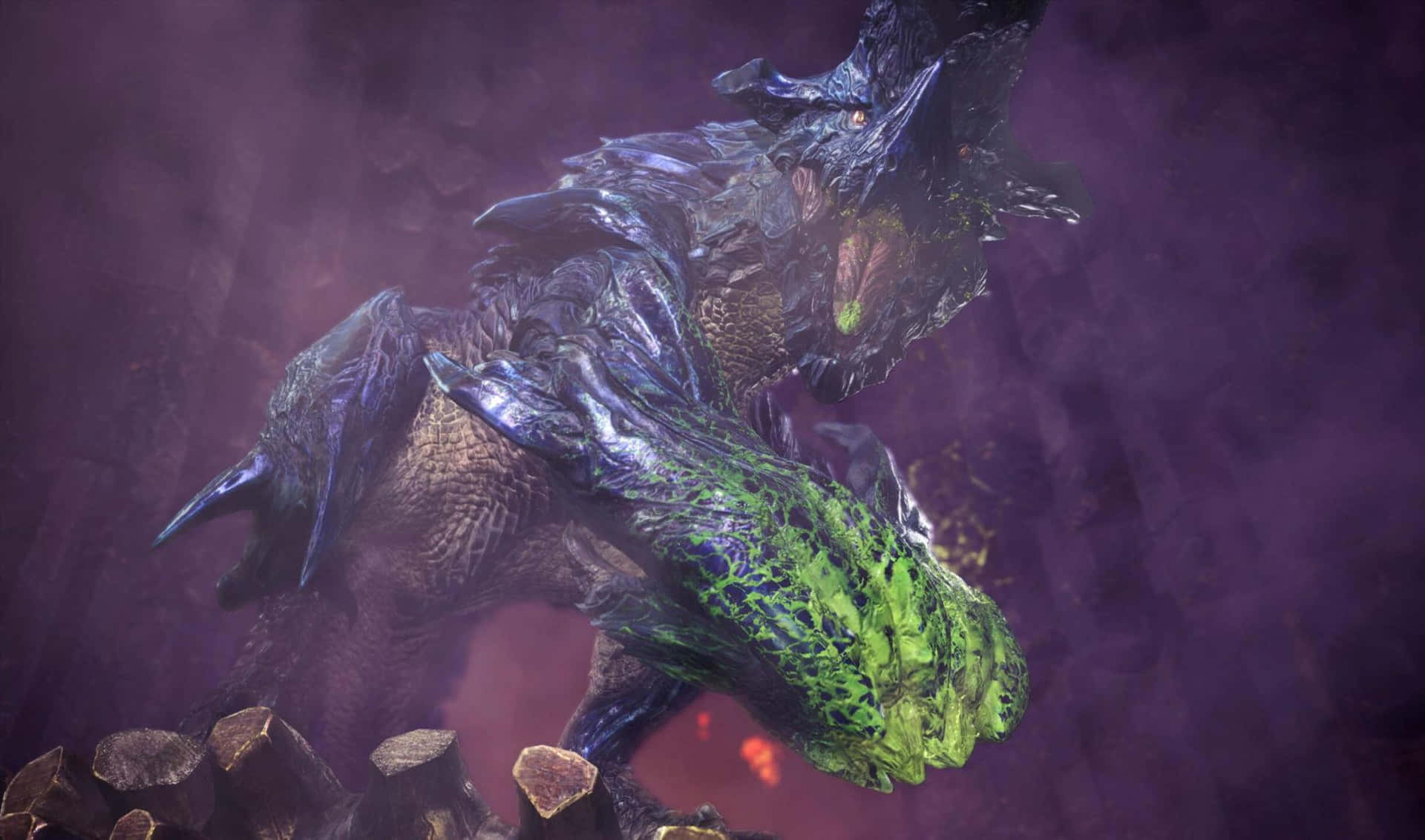 《怪物獵人：世界》綠爪背景圖 壁紙 — 一隻帶有發光綠色粘液的可怕黑暗鱗片生物在煙霧繚繞的紫色背景下猛撲向前。