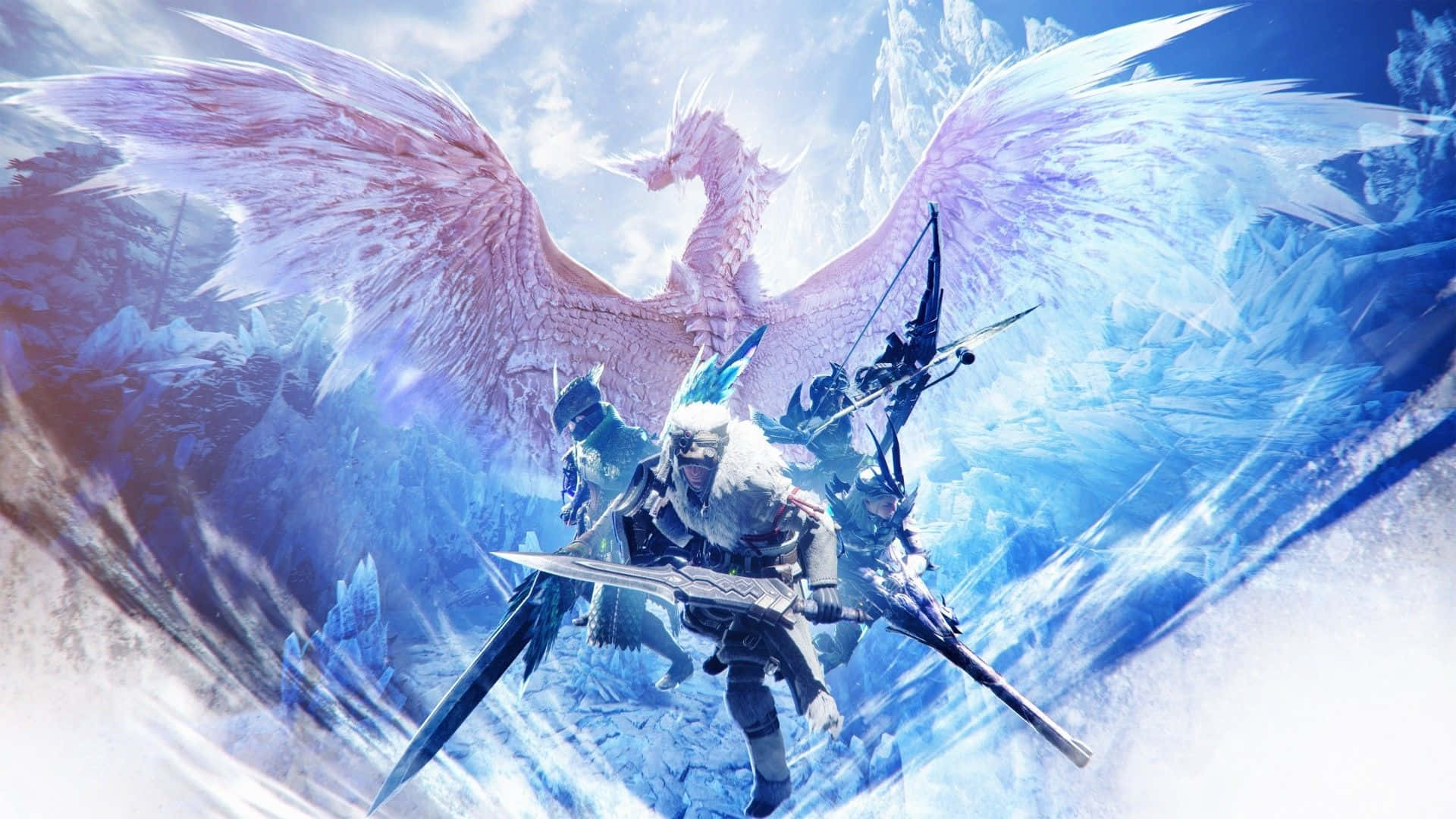 《怪物獵人：世界》高畫質狩獵即將展開！ 壁紙 — 一名身穿冰甲、手持冰武器的戰士，在晴朗天空下的冰封山景中，面對一隻巨大的有翼龍。
