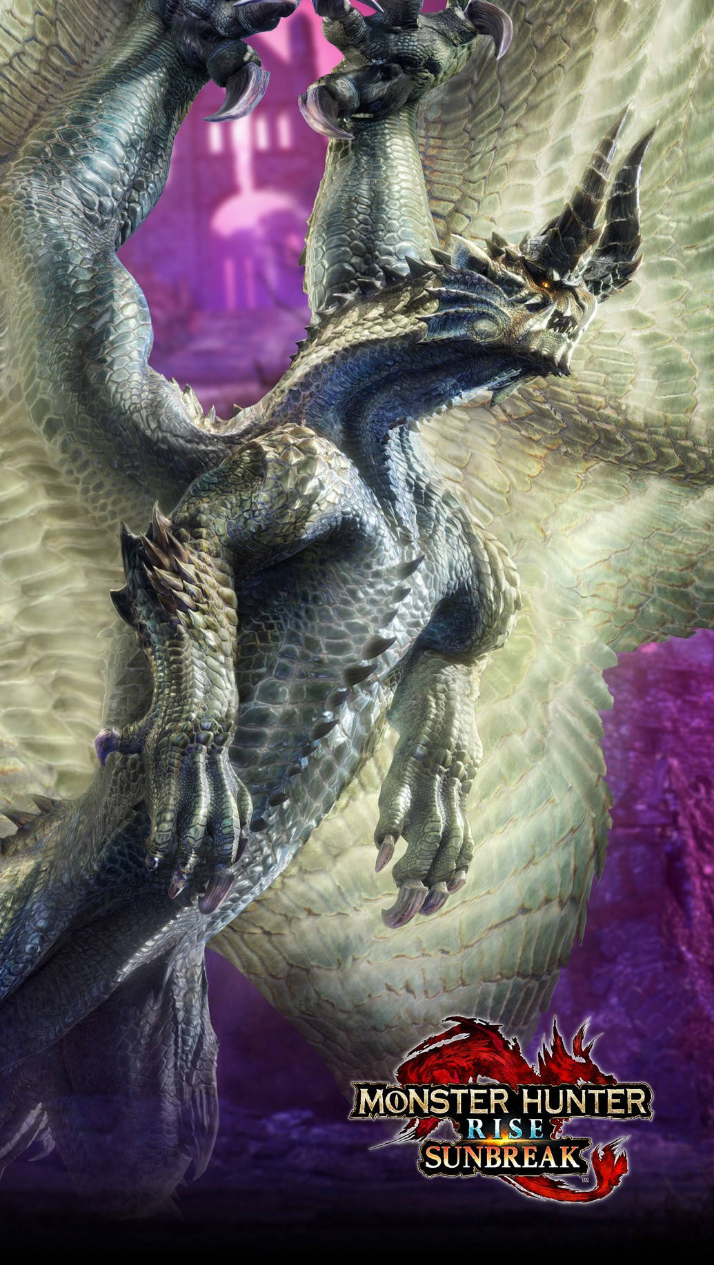 《怪物獵人》手機壁紙：沙加魯馬加拉 壁紙 — 一隻巨大的裝甲龍，長有尖刺翅膀和發光的眼睛，在紫色和金色的神秘背景下咆哮。