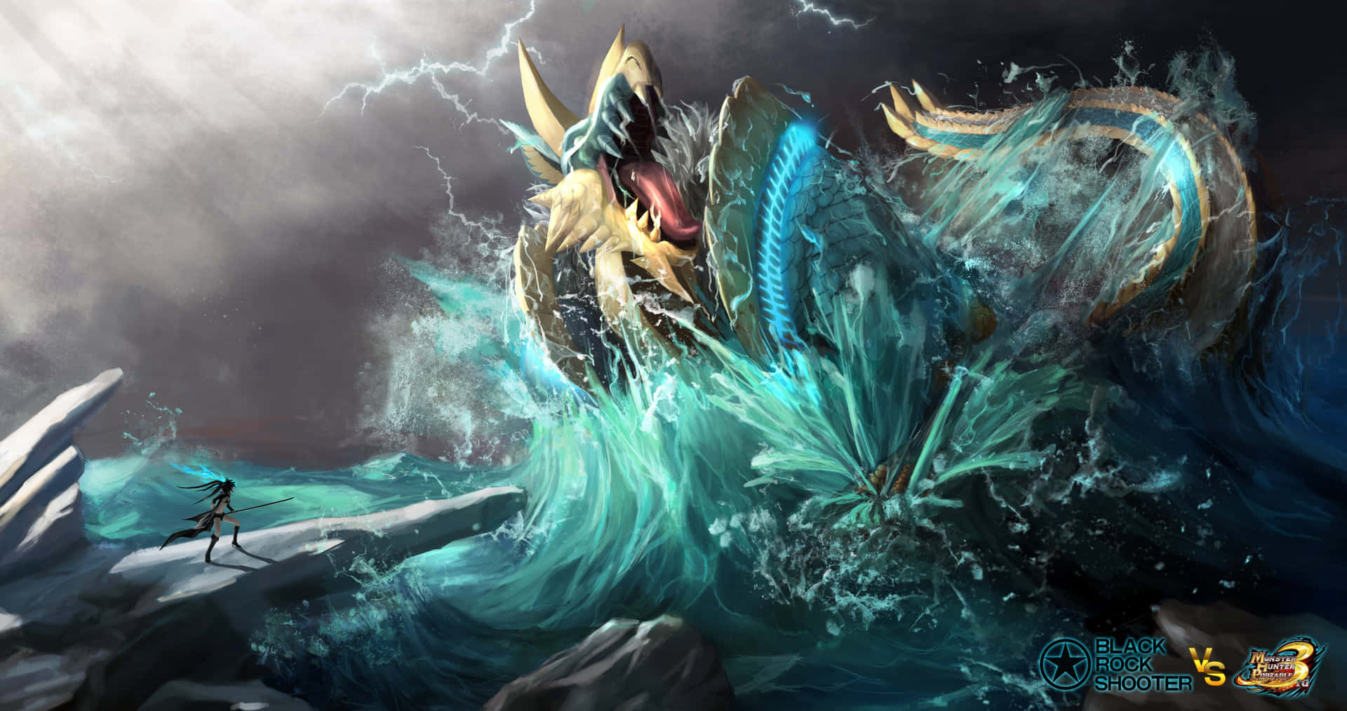 《怪物獵人Online》中的龍獵人對抗水下龍 壁紙 — 一名孤獨的戰士在岩石海岸上挑釁地站立，而一隻巨大的發光藍色巨龍在暴風雨的天空下從洶湧的海浪中爆發出來。
