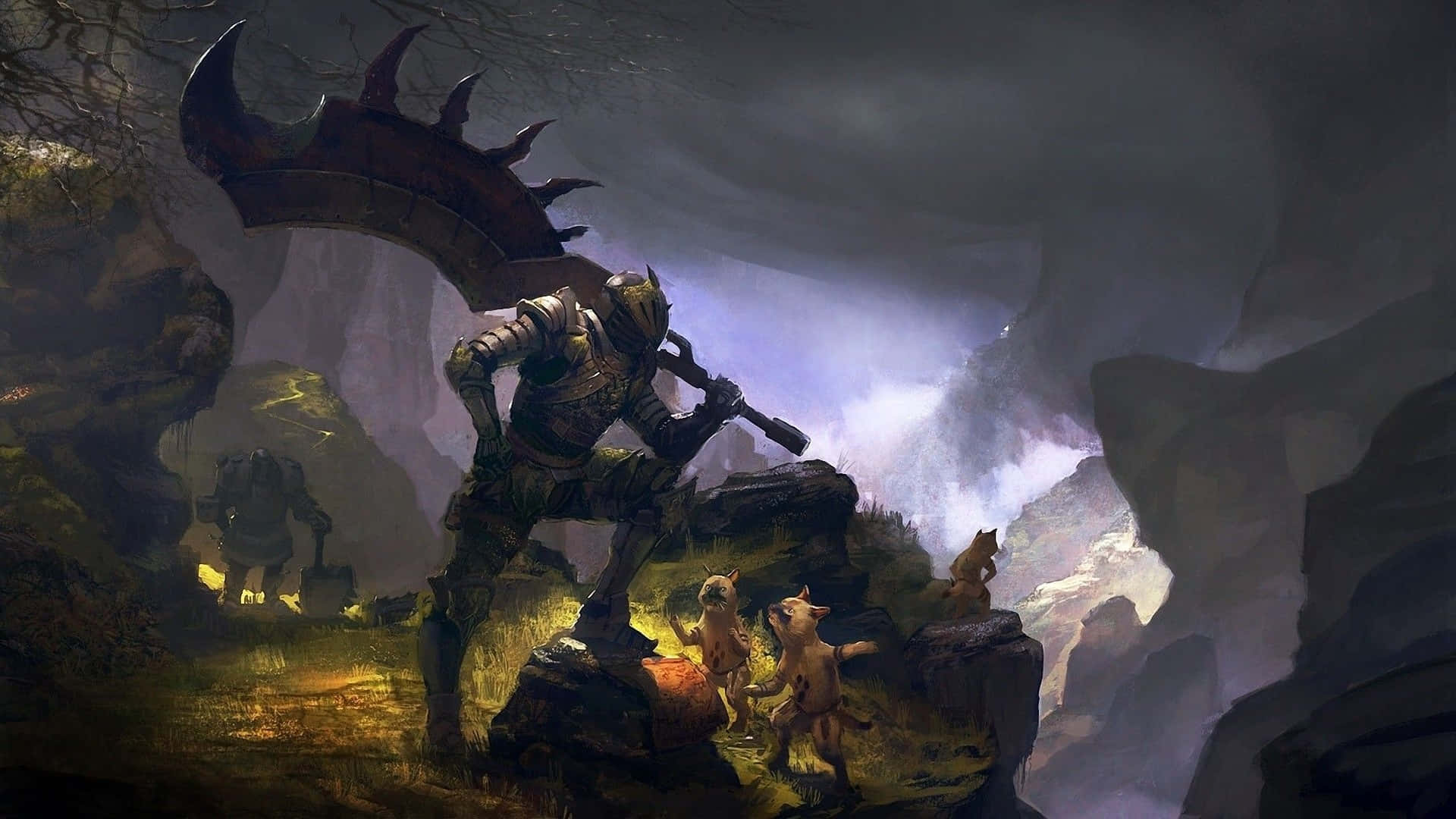 《怪物獵人世界》中的強悍獵人 壁紙 — 一名身穿盔甲的戰士手持巨大彎刀，站在黑暗的洞穴中，發光的生物圍繞著火堆聚集。