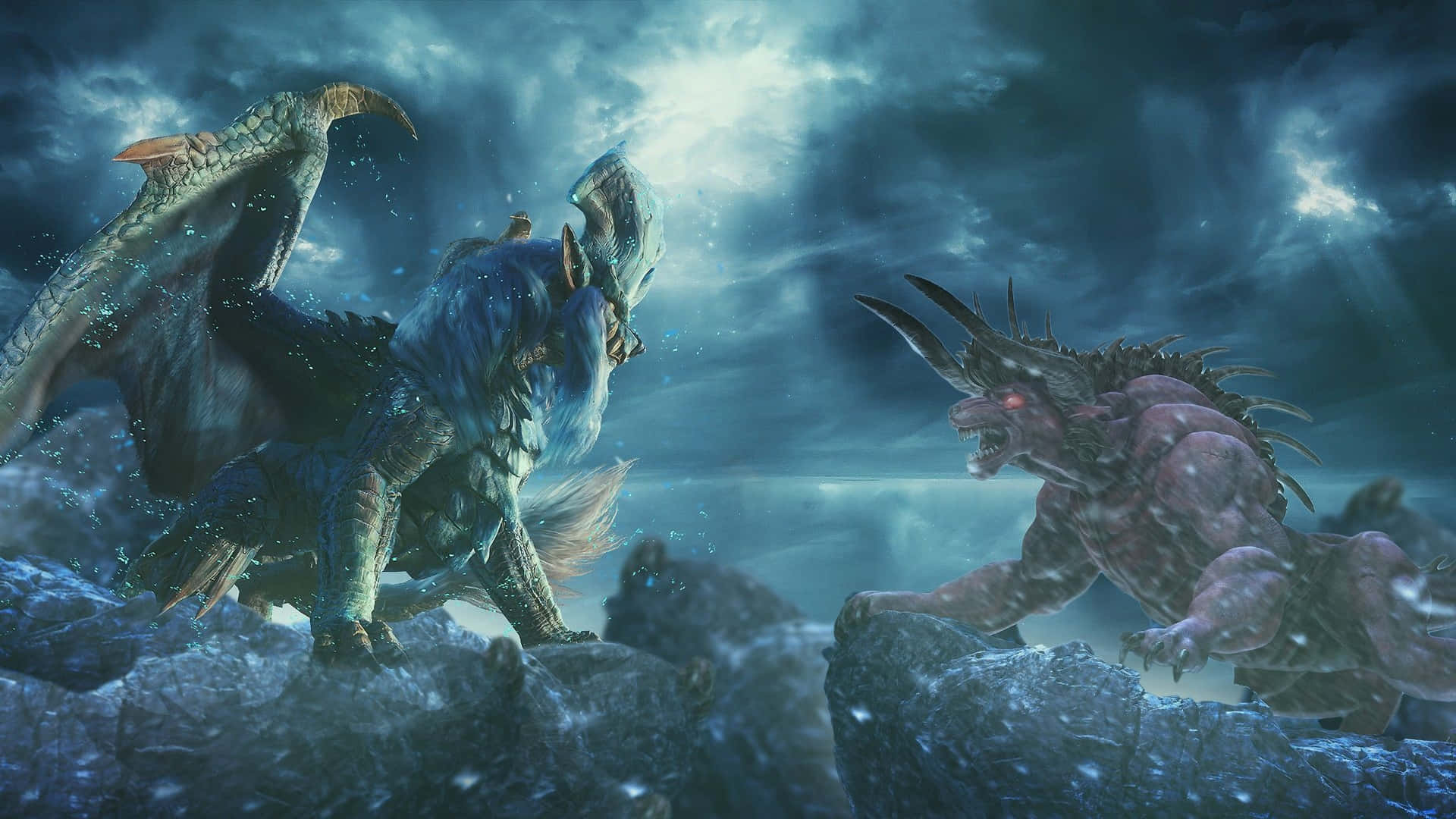 《怪物獵人世界》高畫質視覺效果 壁紙 — 兩隻怪獸在暴風雪月光下的冰崖上碰撞，雪花飄落。