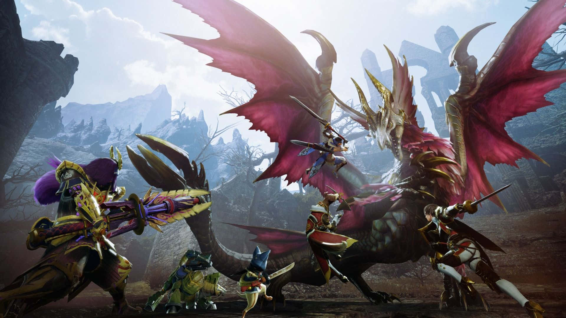 Monster Hunter Monsters 桌布 壁紙 — 怪物獵人在多雲的天空下，於霧氣瀰漫的山地景觀中與一隻巨大的紅翼龍戰鬥。