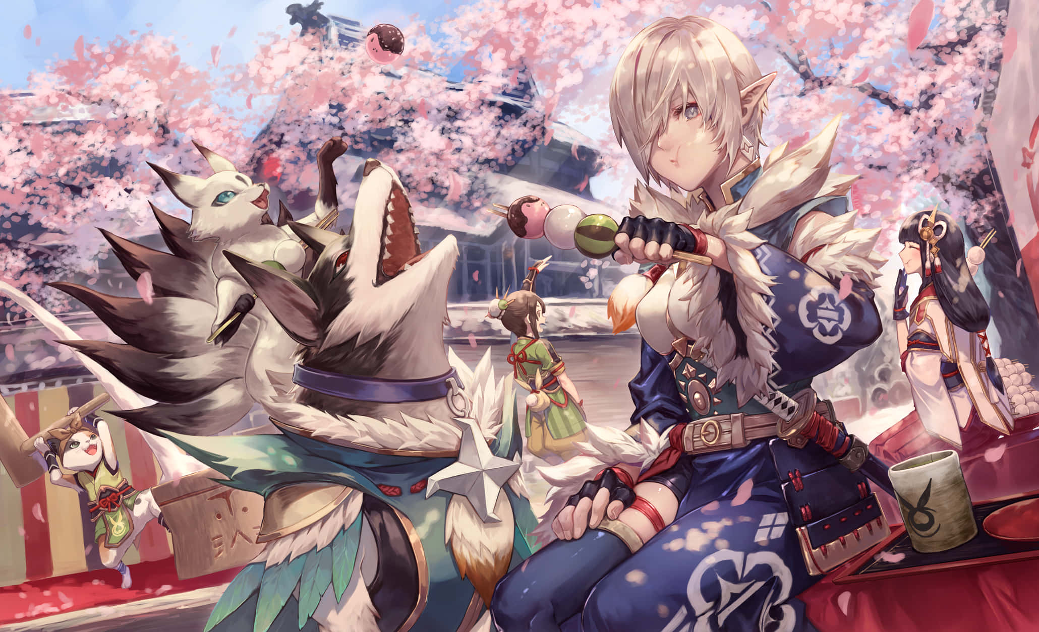 《怪物獵人崛起》白髮男性角色 壁紙 — 一位擁有精靈耳朵和狼同伴的奇幻動漫女孩，在粉紅花朵下享受熱鬧節日中的櫻花花瓣。