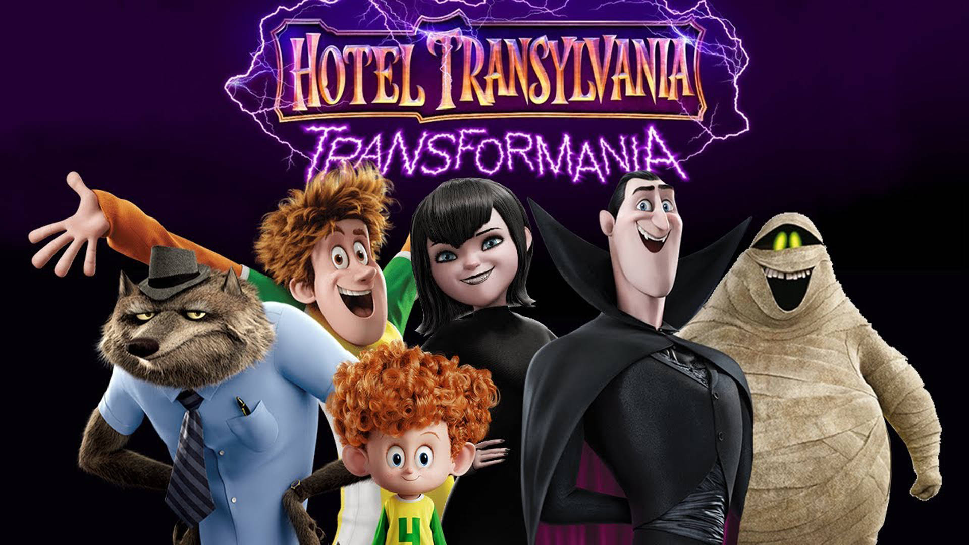 《Hotel Transylvania Transformania》的角色們穿著色彩繽紛的服裝一起擺姿勢。