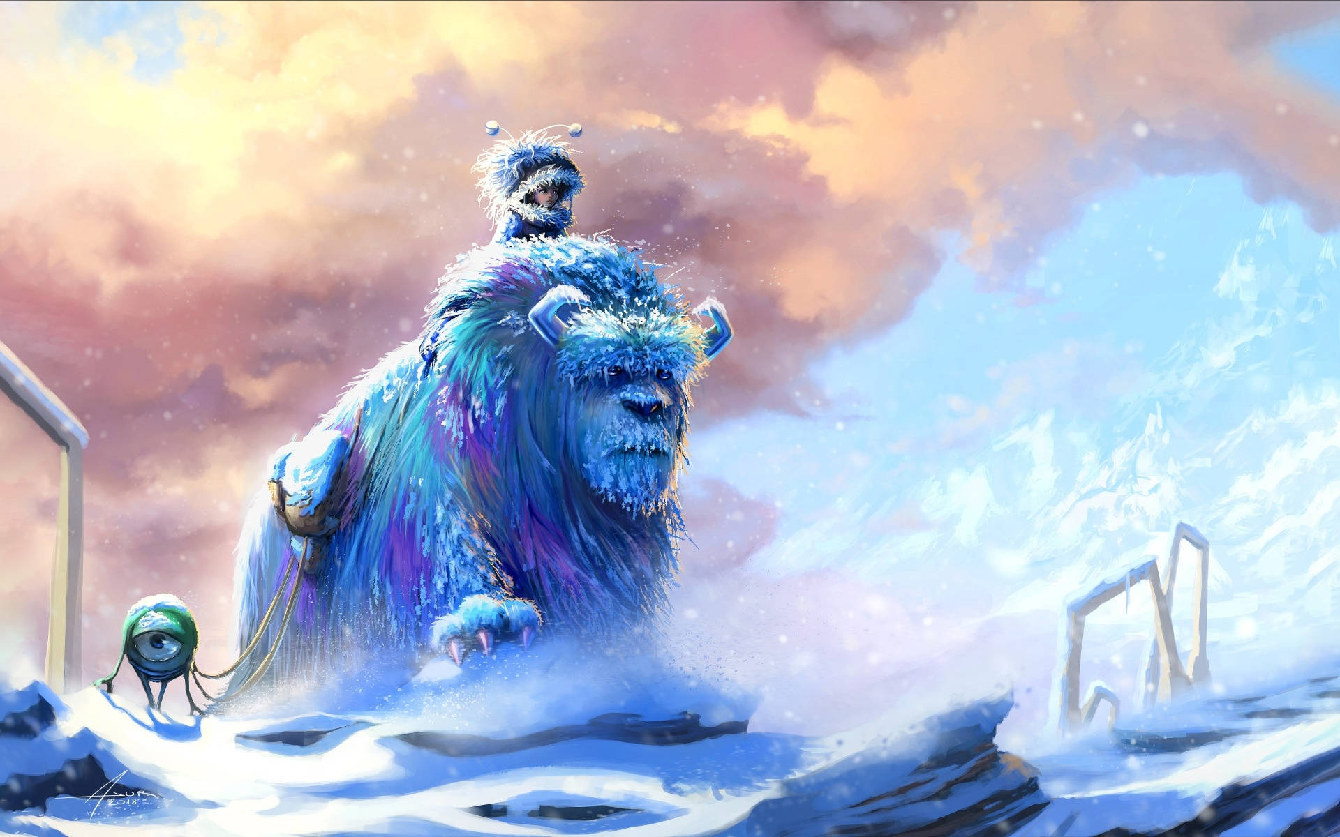 《怪獸公司》冬季主題藝術 壁紙 — 一隻巨大的藍毛雪人在充滿活力的日落天空下，背著一個小生物艱難地走過雪地廢墟。
