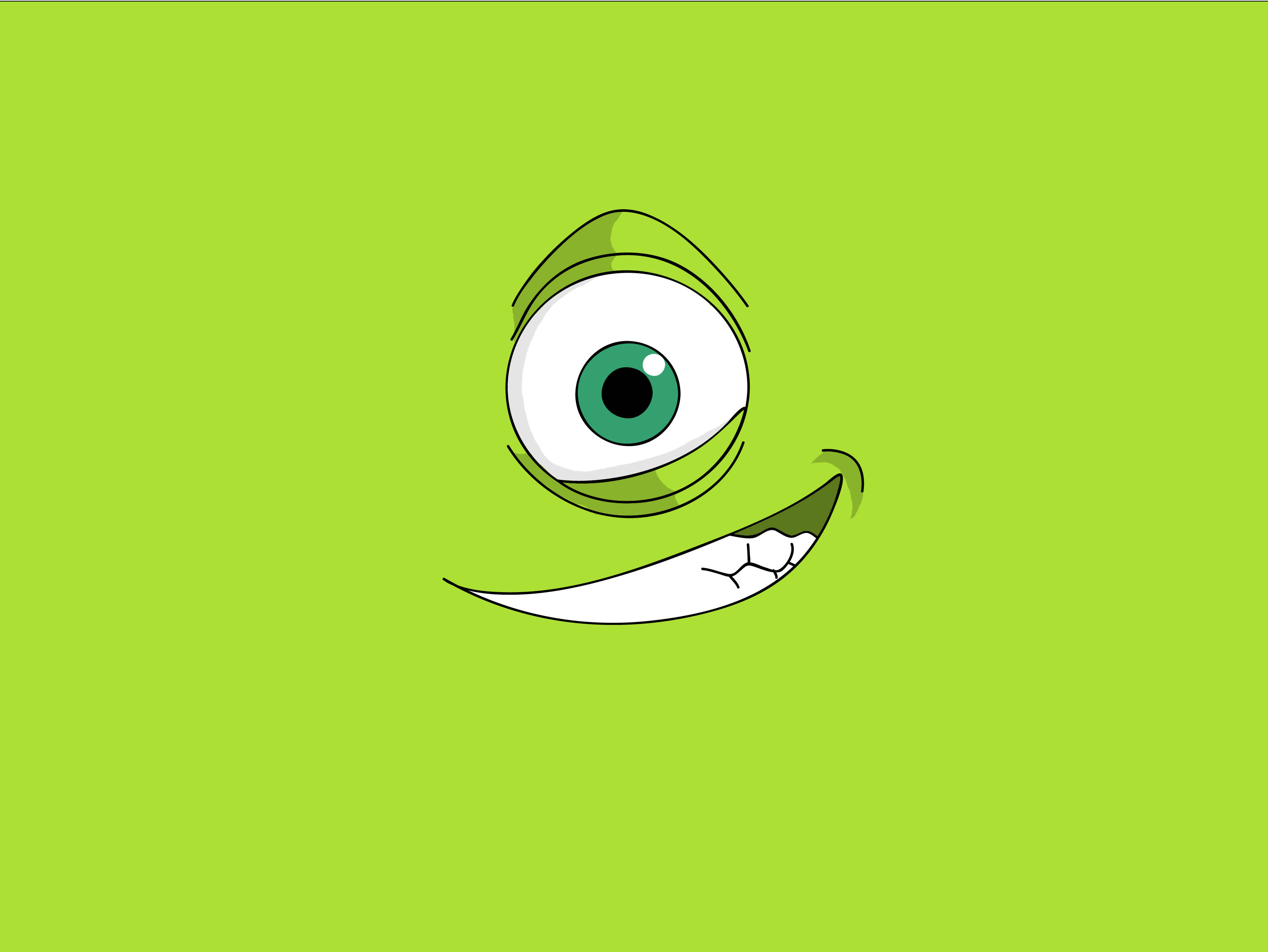 怪獸公司Mike Wazowski臉部特寫 壁紙 — 一個快樂的單眼綠色怪物，在純青檸綠色背景上露出寬闊的牙齒笑容。