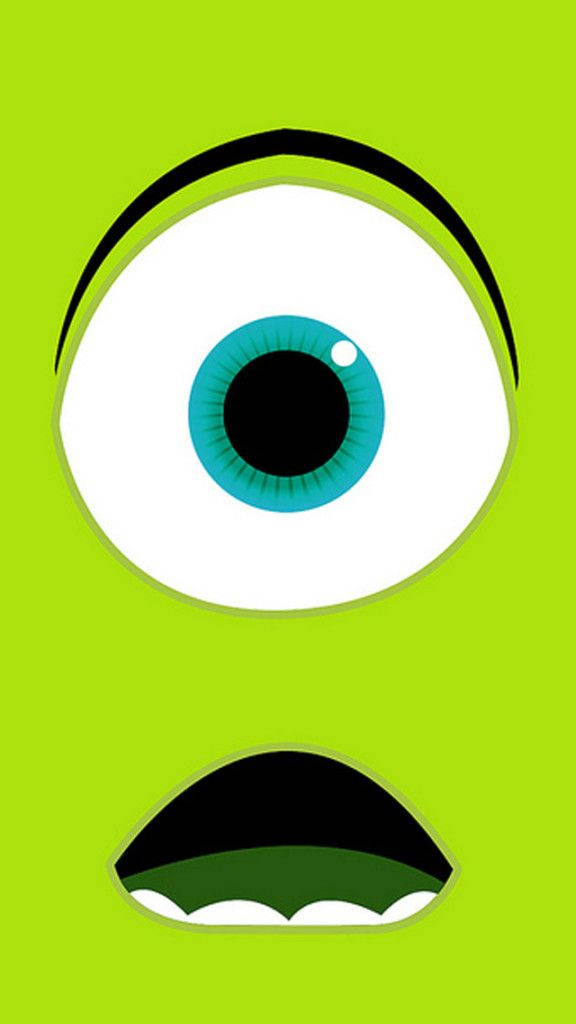 怪獸公司Mike Wazowski極簡藝術 壁紙 — 一個巨大的卡通眼睛，帶有藍綠色虹膜和黑色瞳孔，從明亮的青檸綠色背景中凝視。