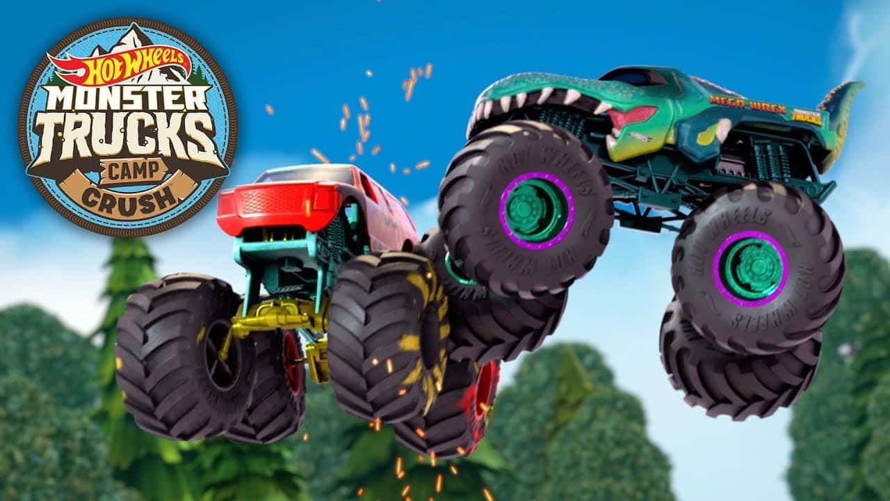 兩輛Hot Wheels怪獸卡車在山丘上空相撞，火花四濺。