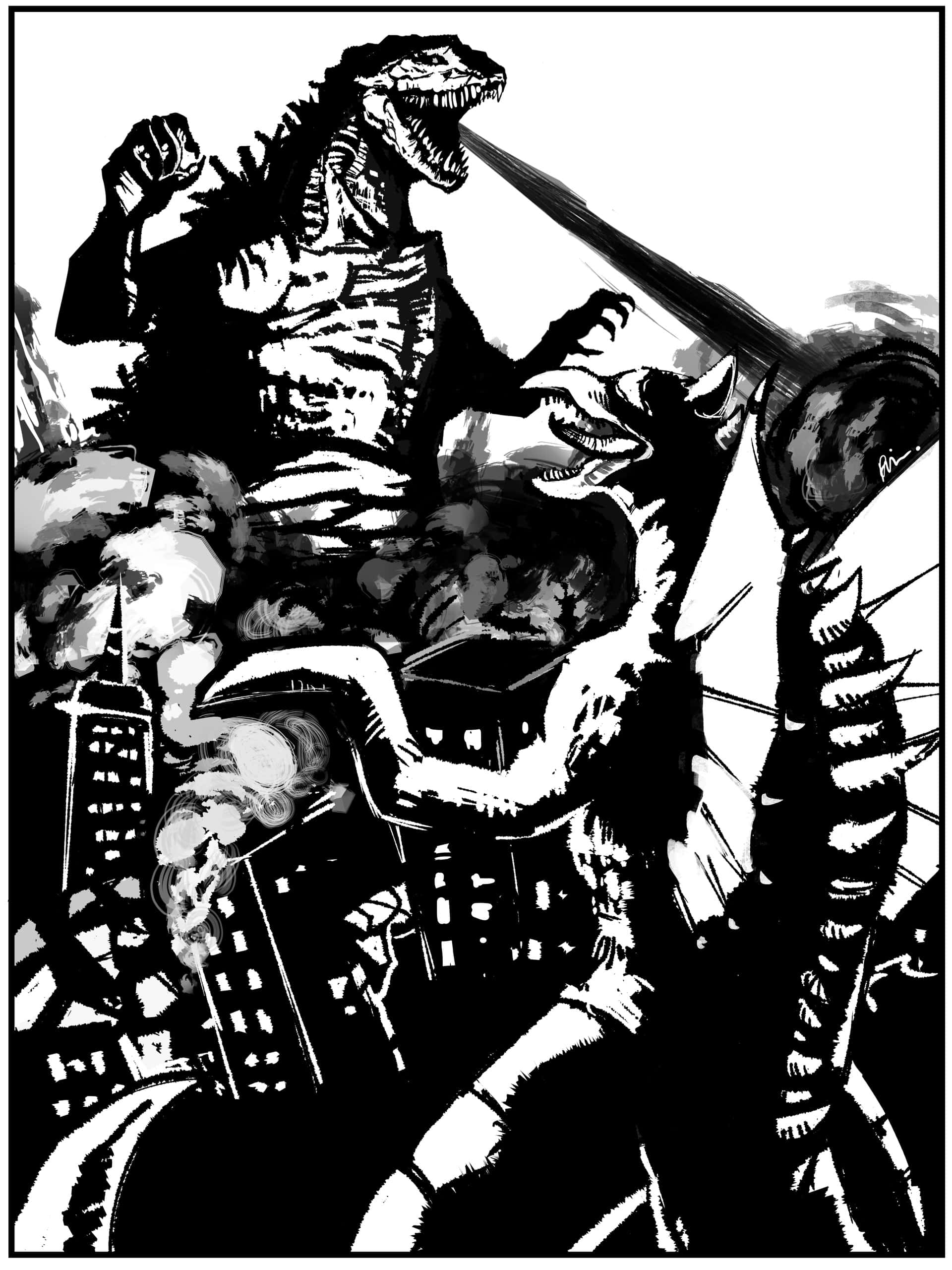 Godzilla Vs Gigan 桌布 壁紙 — 怪獸在廢墟城市景觀中以高對比度黑白墨水渲染的戰鬥。
