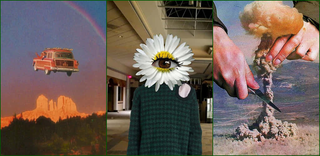 超現實拼貼畫：漂浮的貨車、雛菊頭的人、切開蘑菇雲的手。