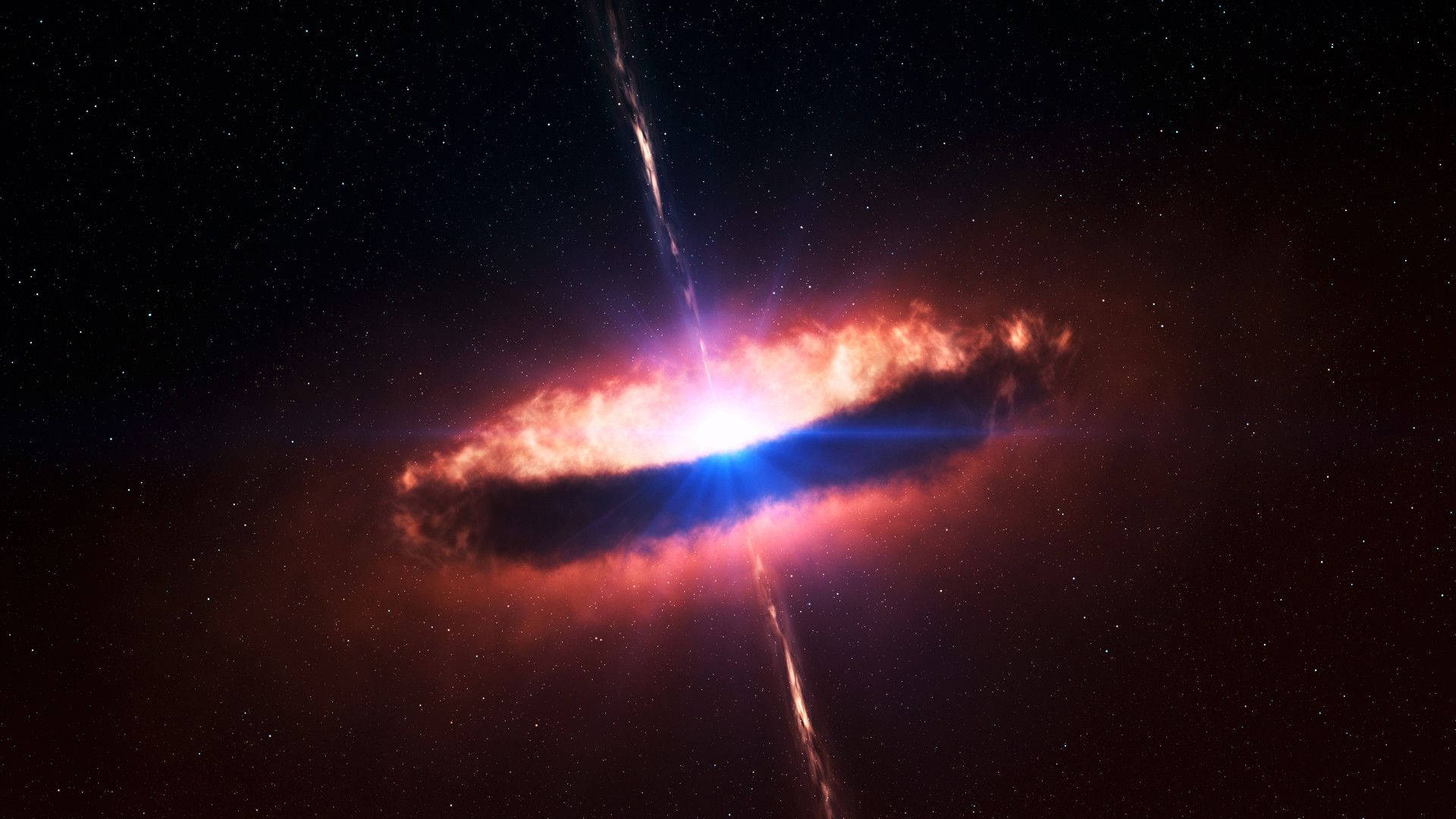 在深空星群中發光的充滿活力的紅色和藍色宇宙星雲。