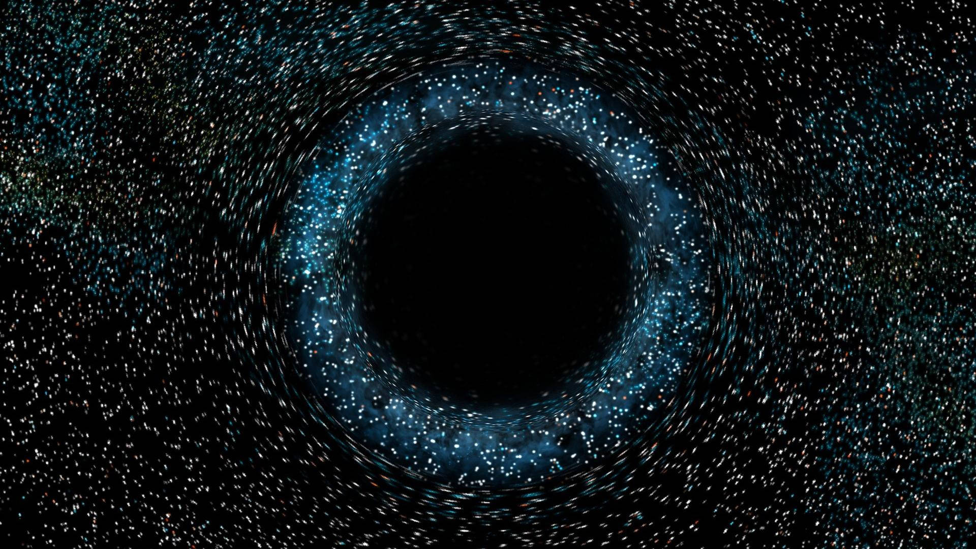 黑洞，帶有發光的藍色環和周圍的星星，在深空中。