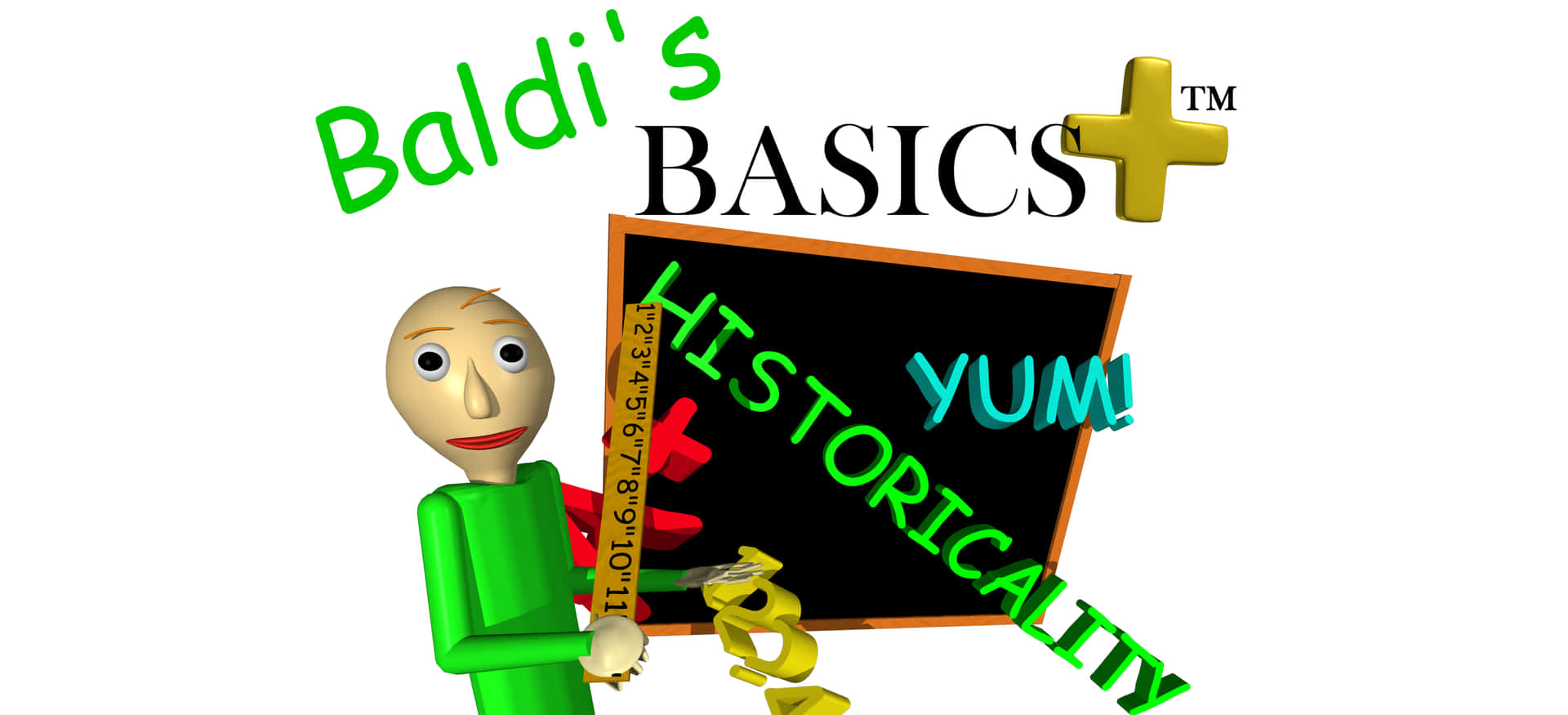 Baldi手持寫有historicality和yum文字的黑板