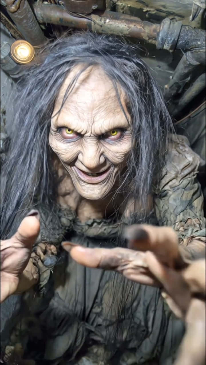 一個黃眼睛、黑髮的可怕女巫，在黑暗的工業空間中向觀眾伸手