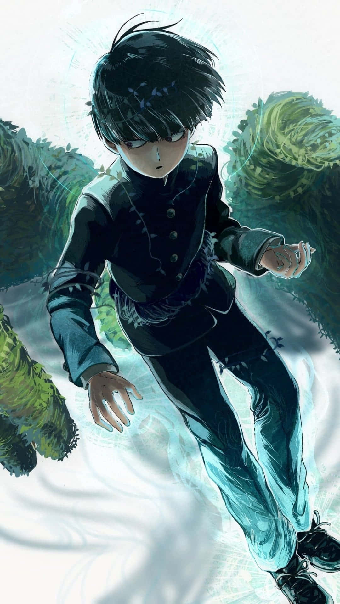 動畫男孩身穿深色制服，帶著堅定的表情在發光的綠色能量中奔跑。