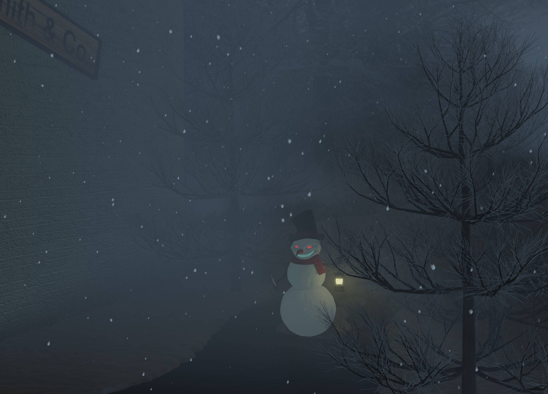 雪夜街道上發光眼睛的雪人拿著燈籠。
