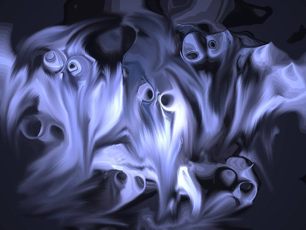 恐怖萬聖節幽靈畫作 壁紙 — 抽象數位藝術作品，以旋轉的藍色和黑色形狀及發光的眼睛為特色，構成超現實、夢幻般的構圖。