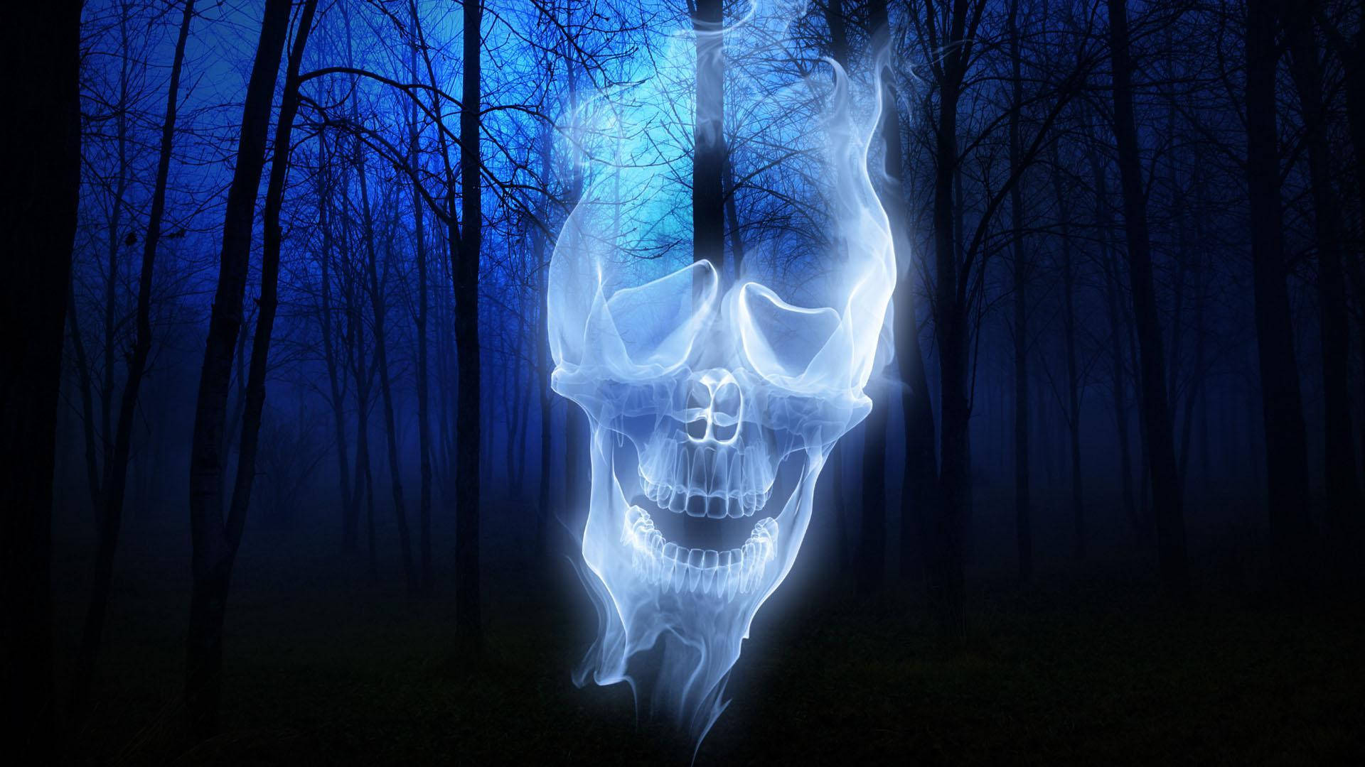 恐怖萬聖節幽靈骷髏 壁紙 — 一個發光的半透明頭骨在夜間霧藍色的森林中，在光禿禿的樹木間詭異地漂浮。