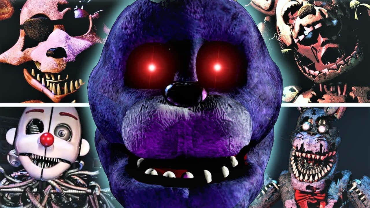 恐懼 FNAF 布局圖片 壁紙 — 一個帶有發光紅眼的威脅性紫色電子動畫角色主導著其他損壞和邪惡電子動畫角色的拼貼畫。