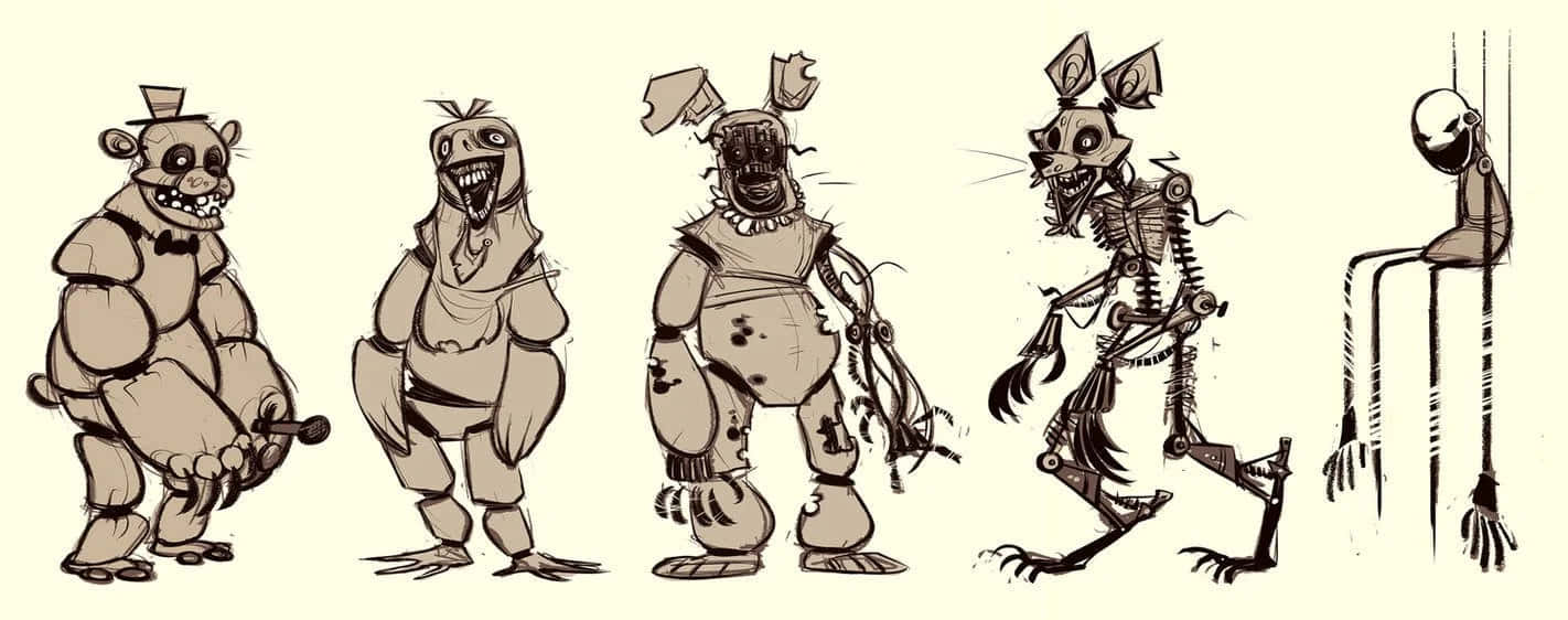 恐懼 FNAF 角色繪畫圖片 壁紙 — 五個怪誕的電子動畫角色，以棕褐色調呈現，擁有縫合的面孔和機械肢體，站成一排。