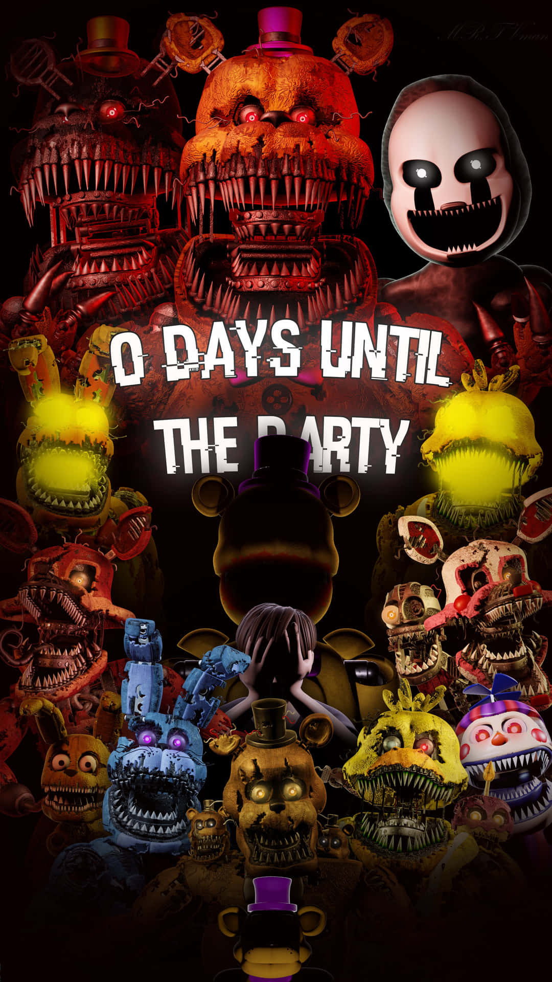 Freddy Fazbear's的電子動畫角色以發光的眼睛和鋒利的牙齒圍繞著「距離派對還有0天」的文字。
