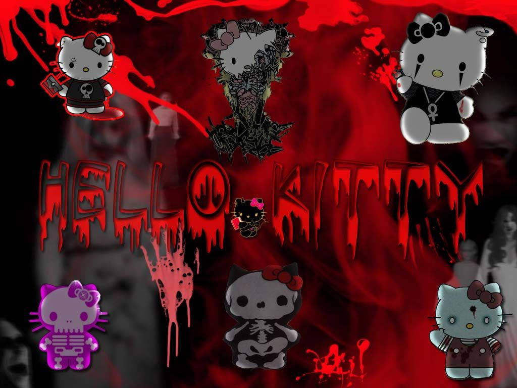 恐懼Hello Kitty萬聖節 壁紙 — 哥德式Hello Kitty角色，帶有骷髏頭和血跡，背景為深紅色滴落效果。