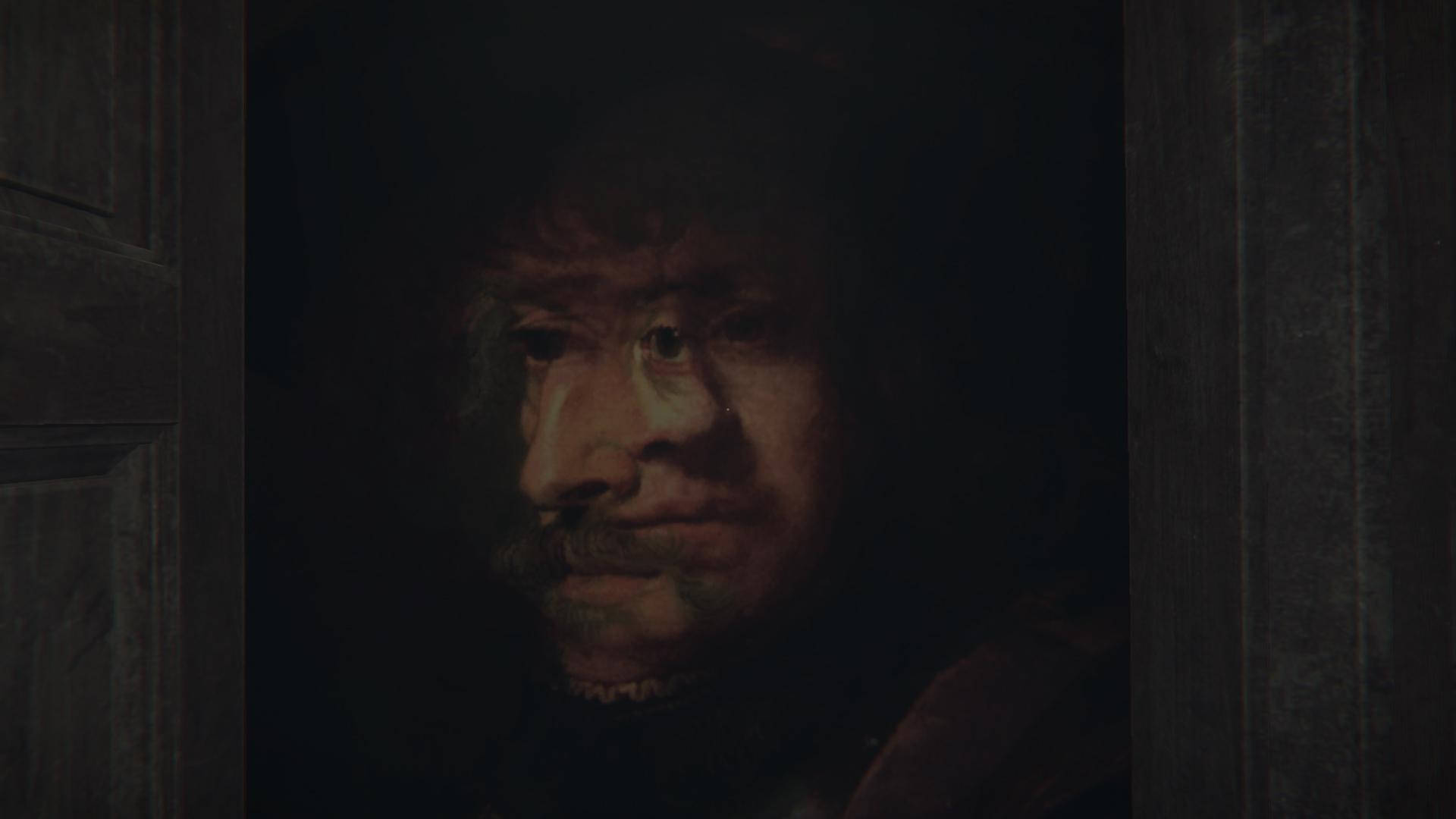 《恐懼之層》多面人像畫作 壁紙 — 一個昏暗的肖像，一個留鬍子的男人透過木門窺視，色調陰影。