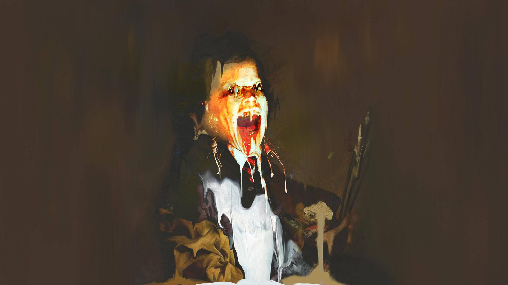 《恐懼之層》血色孩童 壁紙 — 一個穿著西裝的男人在黑暗背景前尖叫，血從他的嘴裡滴下來。